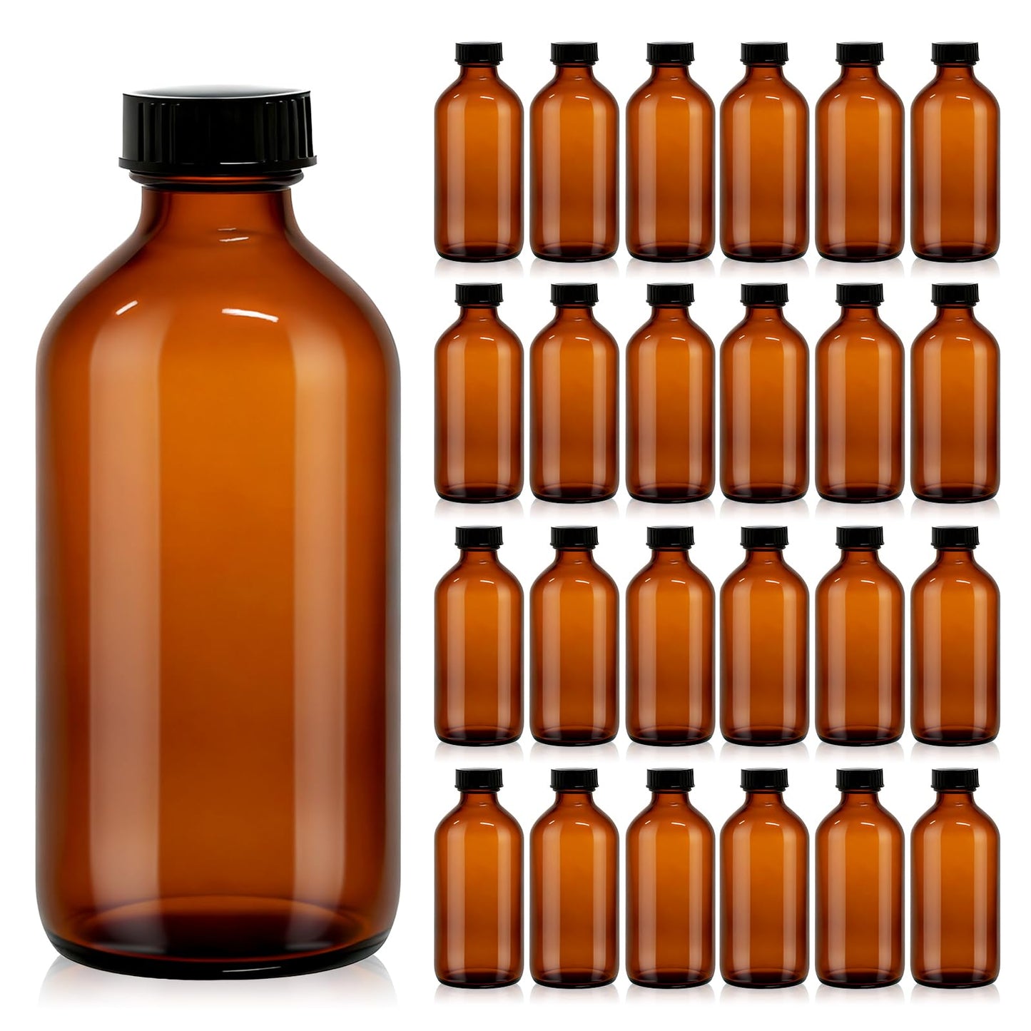 turvono 24 Pack 8 oz Amber Glass Boston Round Bottles with Phenolic Polycone Caps – Airtight, Leak-Proof Bottles for Vanilla Extract, Kombucha Brewing, Essential Oils, and Homemade Solutions