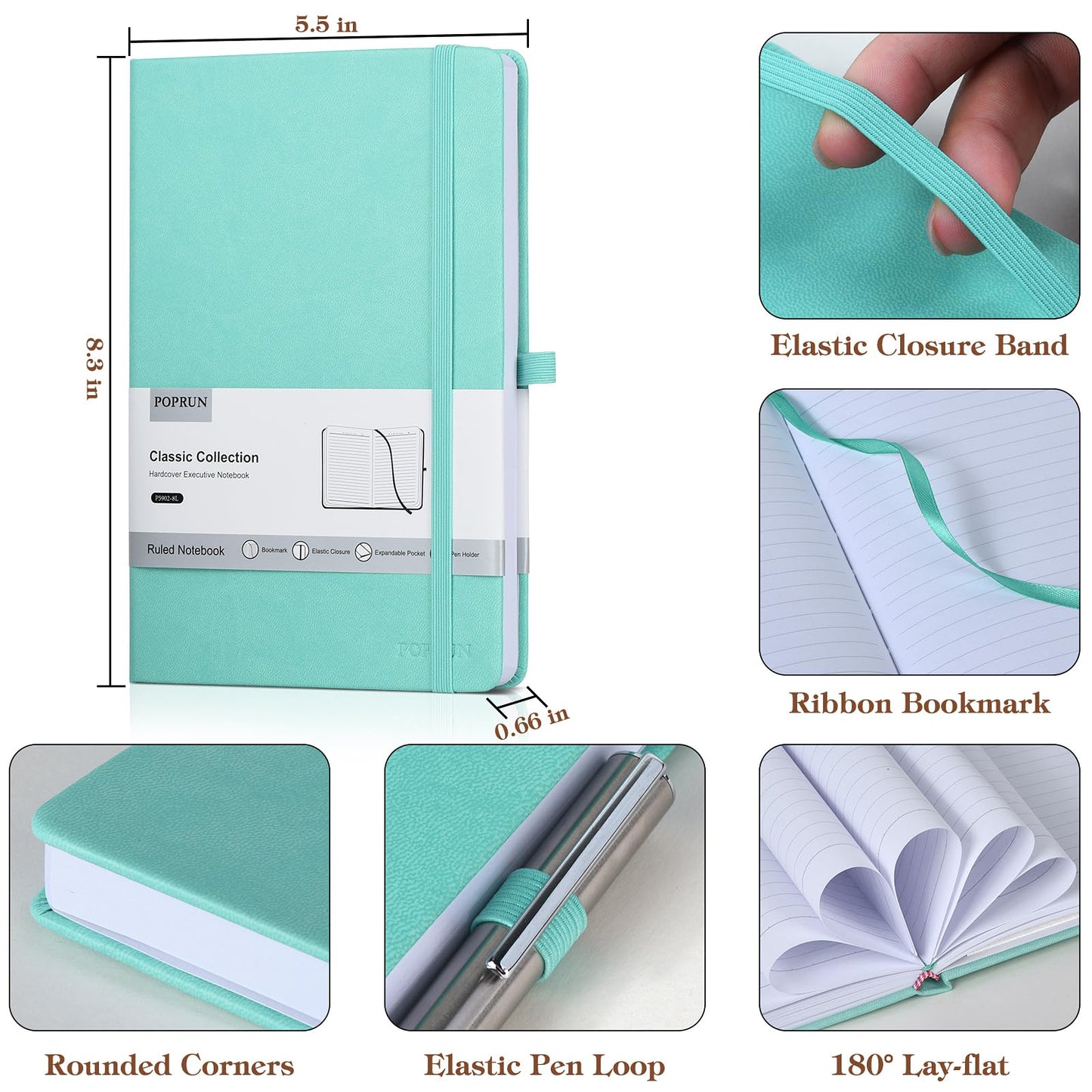 POPRUN Lined Journal Notebook 8 Pack, A5 College Ruled Hardcover Notepad 5.5" x 8.3" 240 Pages, A5 Medium PU Leather Notebooks for Office, School Supply, Note Taking, Business, Multicolored