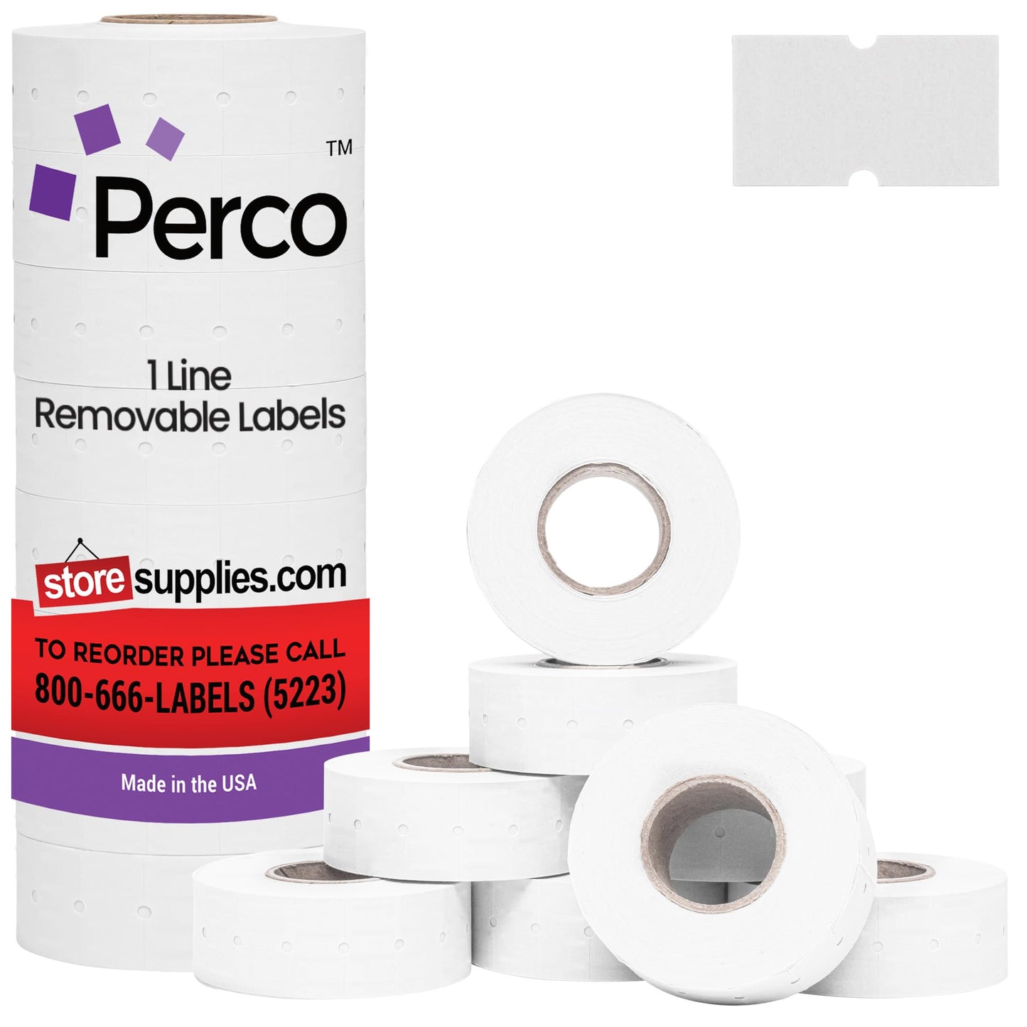 Perco 1 Line Removable Adhesive Labels - 8,000 Blank Price and Date Gun Labels for Perco Lite, X, Plus and Pro 1 Line Price and Date Guns - 8 Rolls, 1 Sleeve - Made in USA