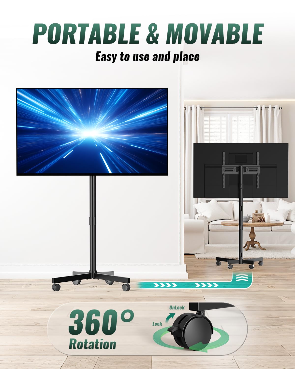 Zontera Mobile Rolling TV Stand on Wheels, Mobile TV Stand for 23-60 Inch LCD LED Flat Panel Curved Screen TVs, Tilt and Height Adjustable Portable TV Cart up to 88lbs, Max VESA 400x400mm, Black