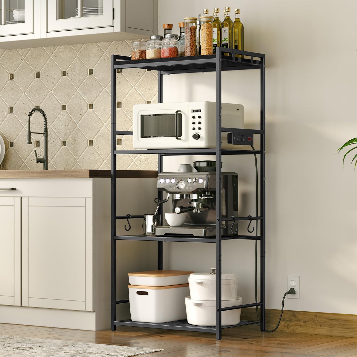 MAHANCRIS Bakers Rack with Power Outlet, Microwave Stand with Hooks, Multifunctional Storage Rack, Coffee Bar with Enclosure, Kitchen Storage Shelf, for Kitchen, Dining Room, Black BRHB40E01