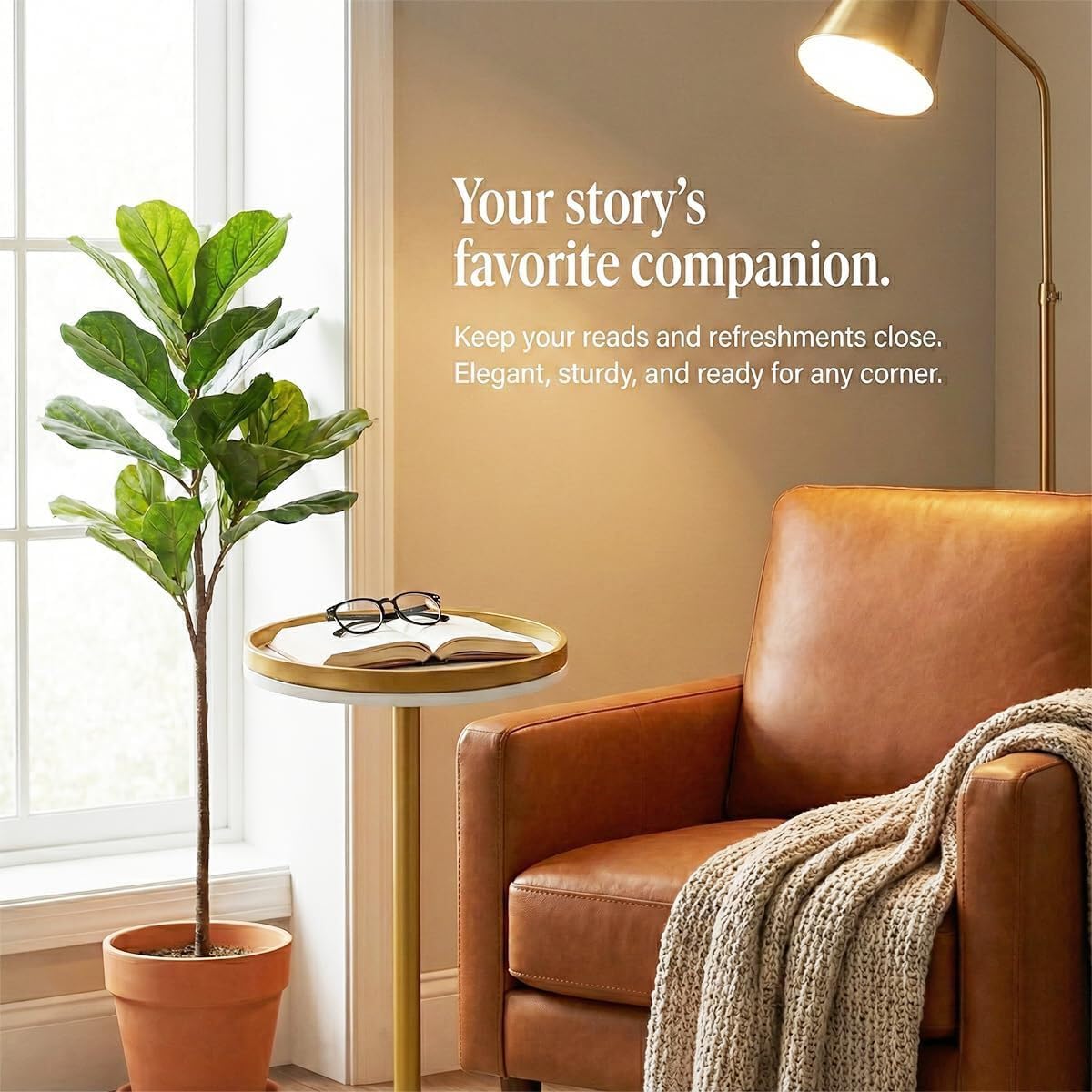 ZEXVIDA Martini Table, Small Round Drink Table with Weighted Base,Modern White & Gold Pedestal End Table with Tray Top Edge for Small Spaces, Living Room, Next to Sofa,24.7 "Tall