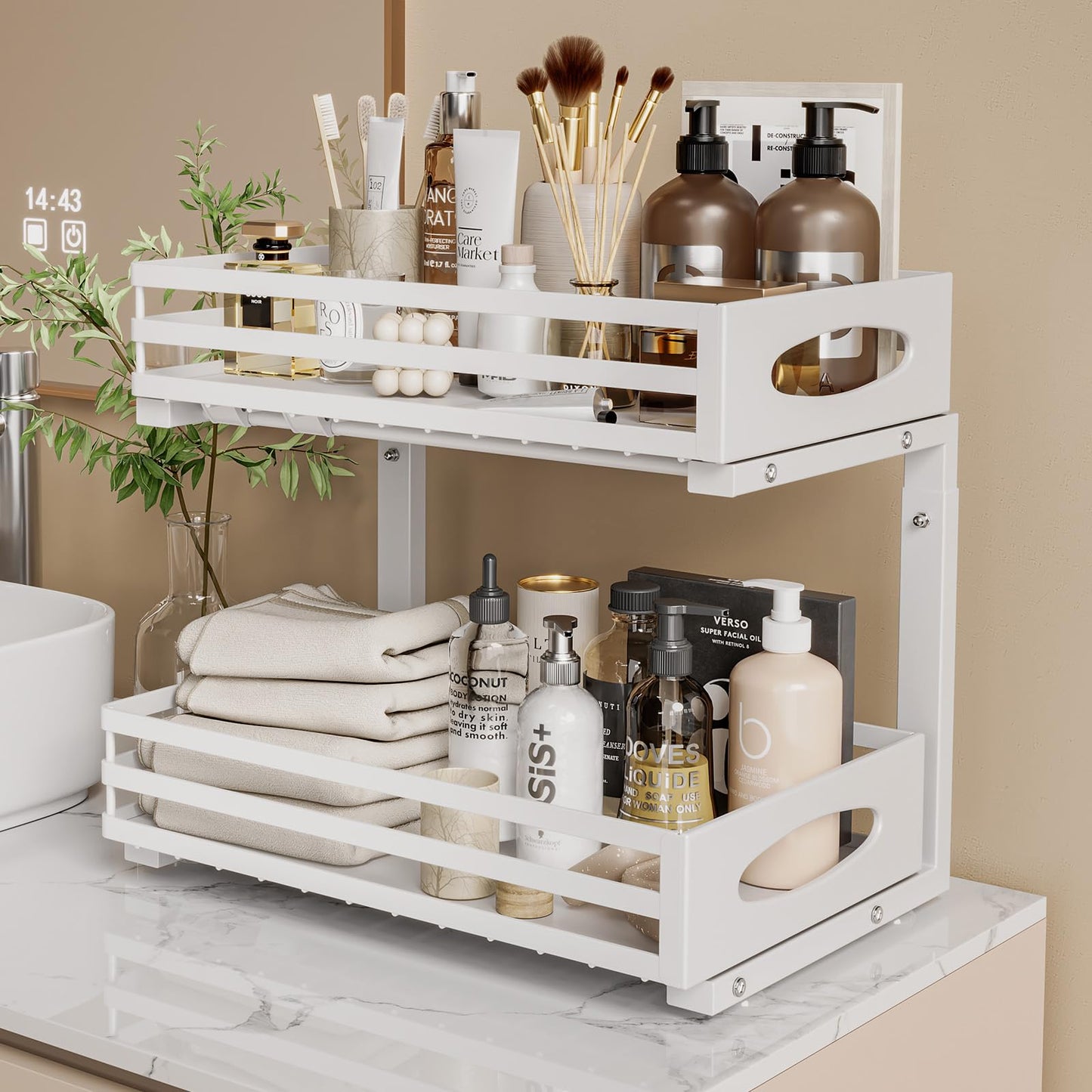 Under Sink Organizer, 2 Tier Under Sink Organizers and Storage, Adjustable Height, Slide out Metal Cabinet Organizers, Pull out Cabinet Storage Drawer Shelf for Kitchen Bathroom (White, 2 Pack)