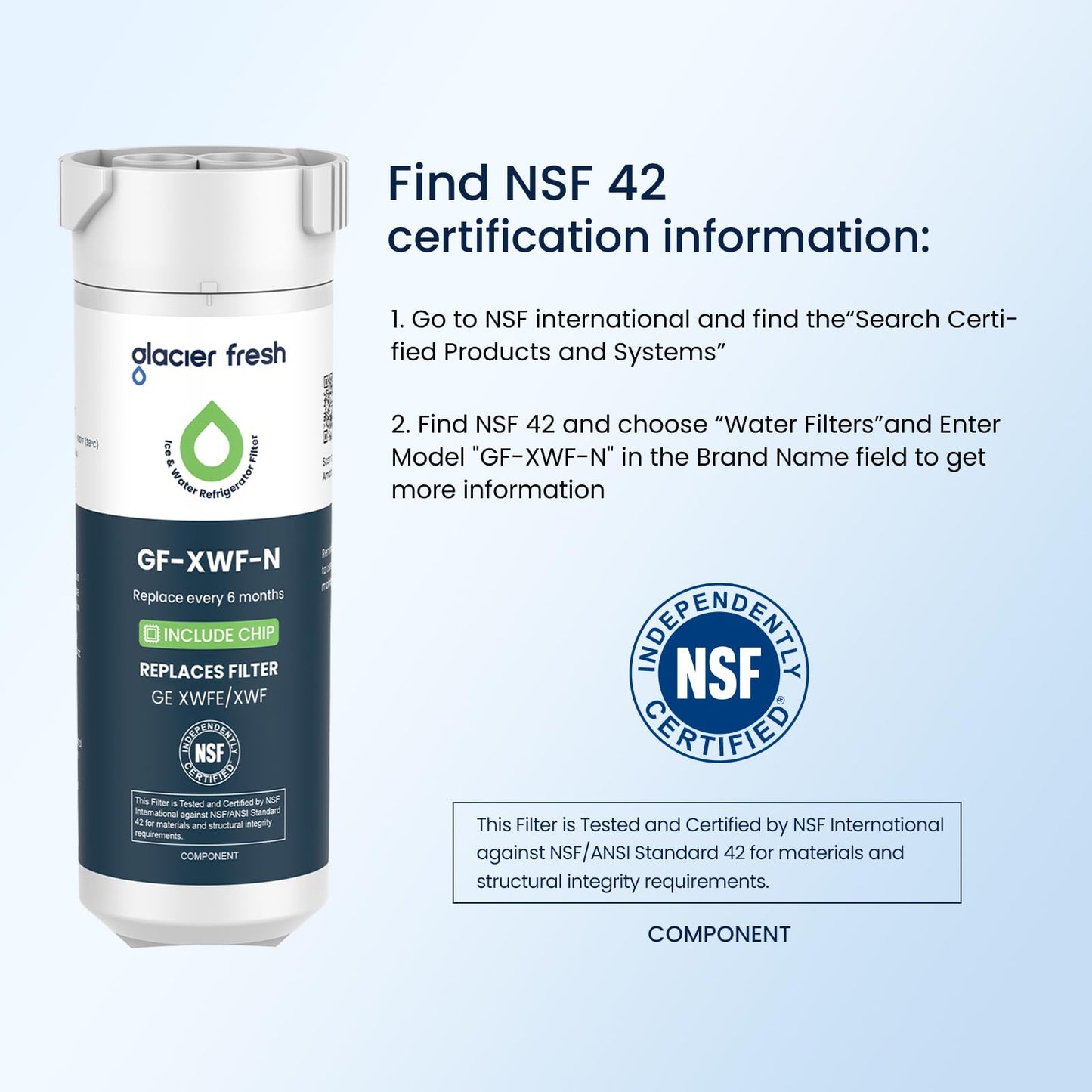 GLACIER FRESH Water Filter Compatible with XWFE (Built-in CHIP), Replacement for GE XWFE, XWF Refrigerator Water Filter NSF/ANSI 42 Certification Pack of 1