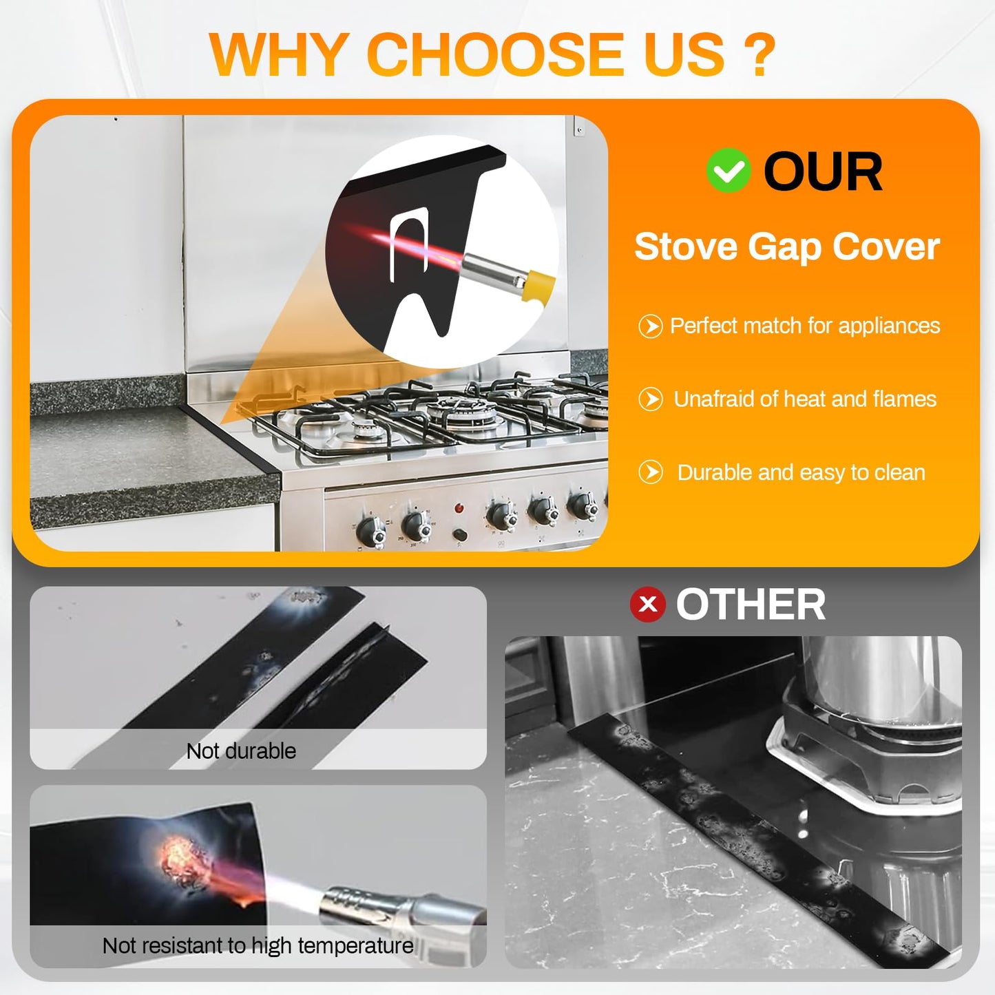ItsNio 2Pack Upgrade 316 Stainless Steel Stove Gap Covers - Length 23.4" Width 0.78", Stove Gap Filler, Oven Gap Filler, Oven Side Gap Filler, Range Trim Kit, Heat Resistant and Easy to Clean, (Black)