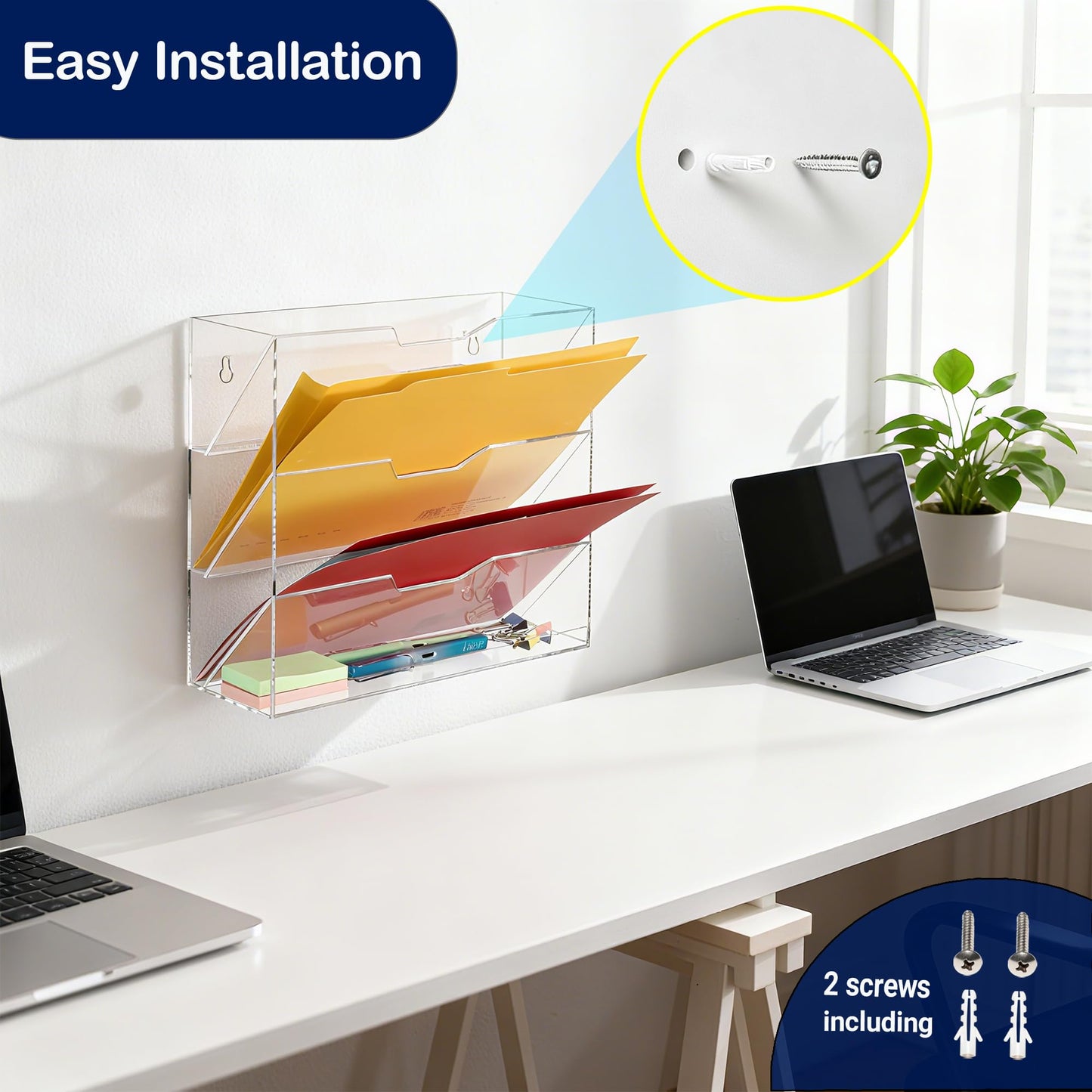 Aphbrada Hanging Wall File Organizer with 4 Pocket Tier - Acrylic Vertical Mail File Folder Holder Wall Mount Mail Magazine Rack with Bottom Tray for Office Home Countertop, Clear
