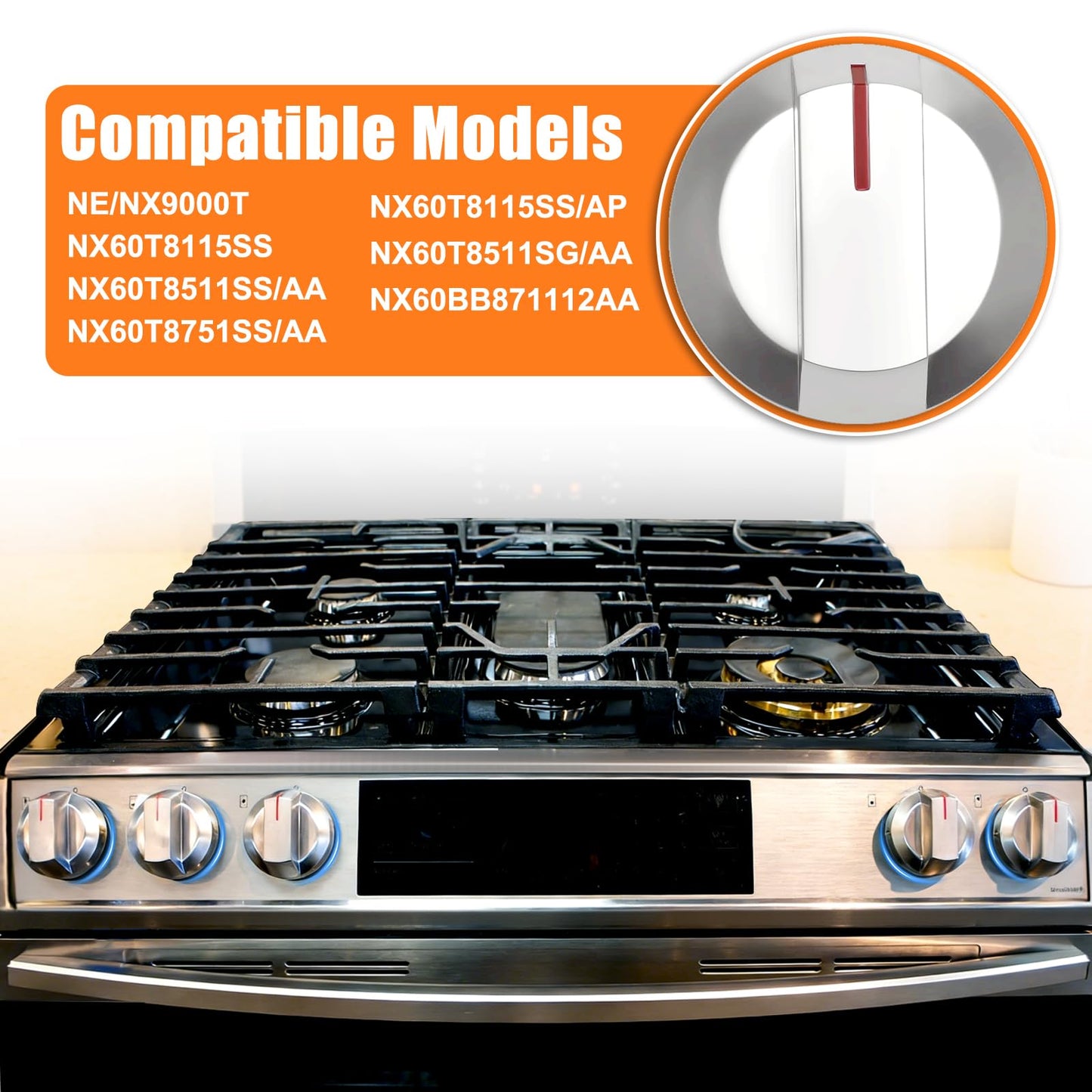 Upgraded DG64-00975A Stainless Steel Stove Knobs Replacement for Samsung Gas Range NE/NX9000T NX60T8511SS/AA, Durable&Heat-Resistant, Perfect Fit for DG94-03443A DG94-04397A Oven Control Knobs (5PCS)