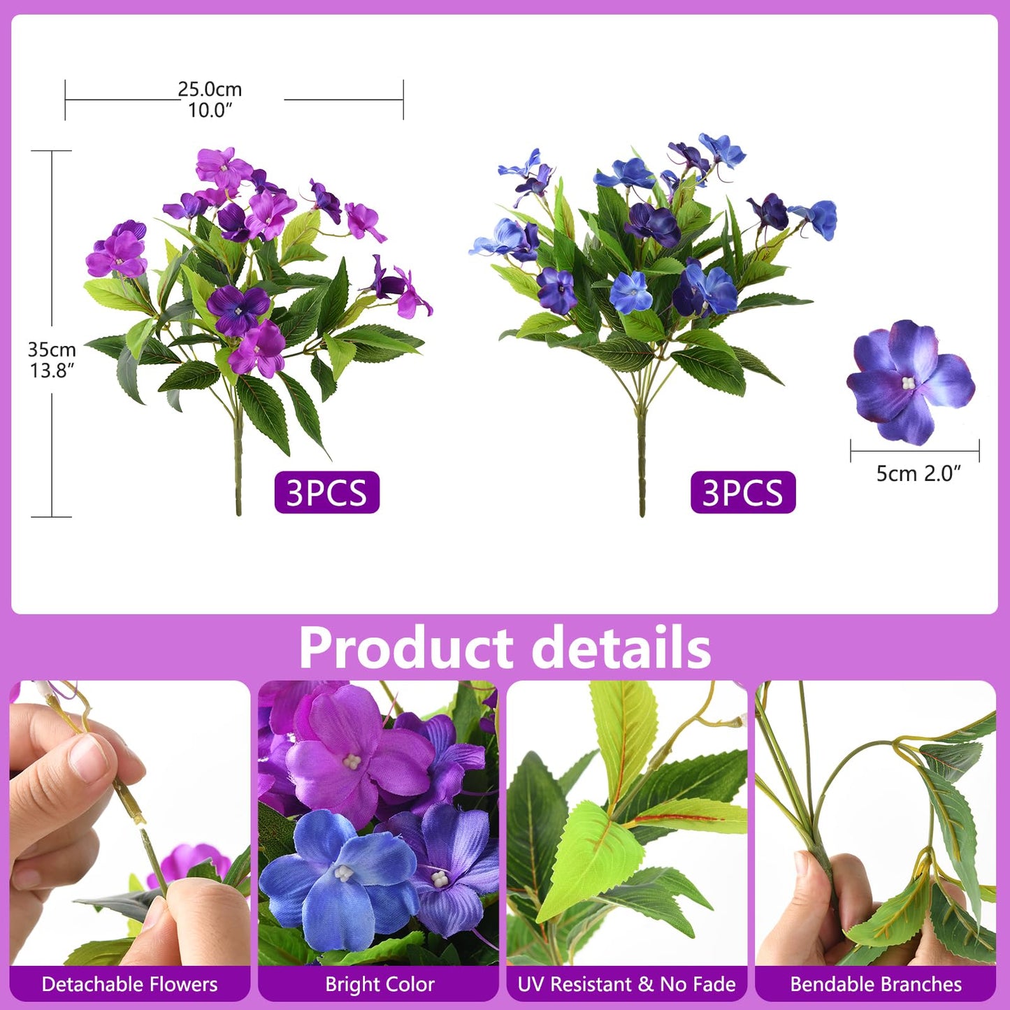 Hommyea Artificial Fake Flowers for Outdoor, 6 Bundles UV Resistant Faux Plants Decoration Silk Flowers No Fade Plastic Flowers for Outside Planters Home Porch Patio Yard Garden Decor