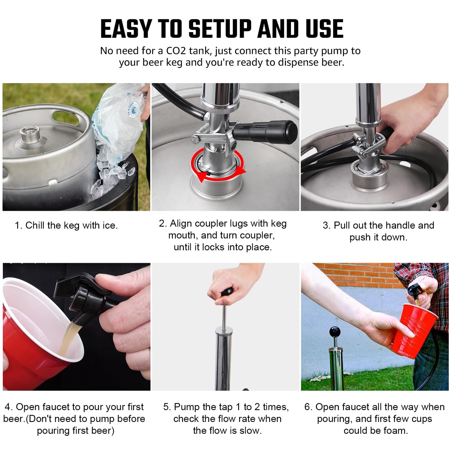 Hilangsan 8” Keg Tap Beer Keg Party Pump, D System Beer Taps for Kegs, Kegerator Tap Stainless Steel Probe Coupler Beer Tap with Beer Line Faucet Hose Clamps for US Sankey Homebrew