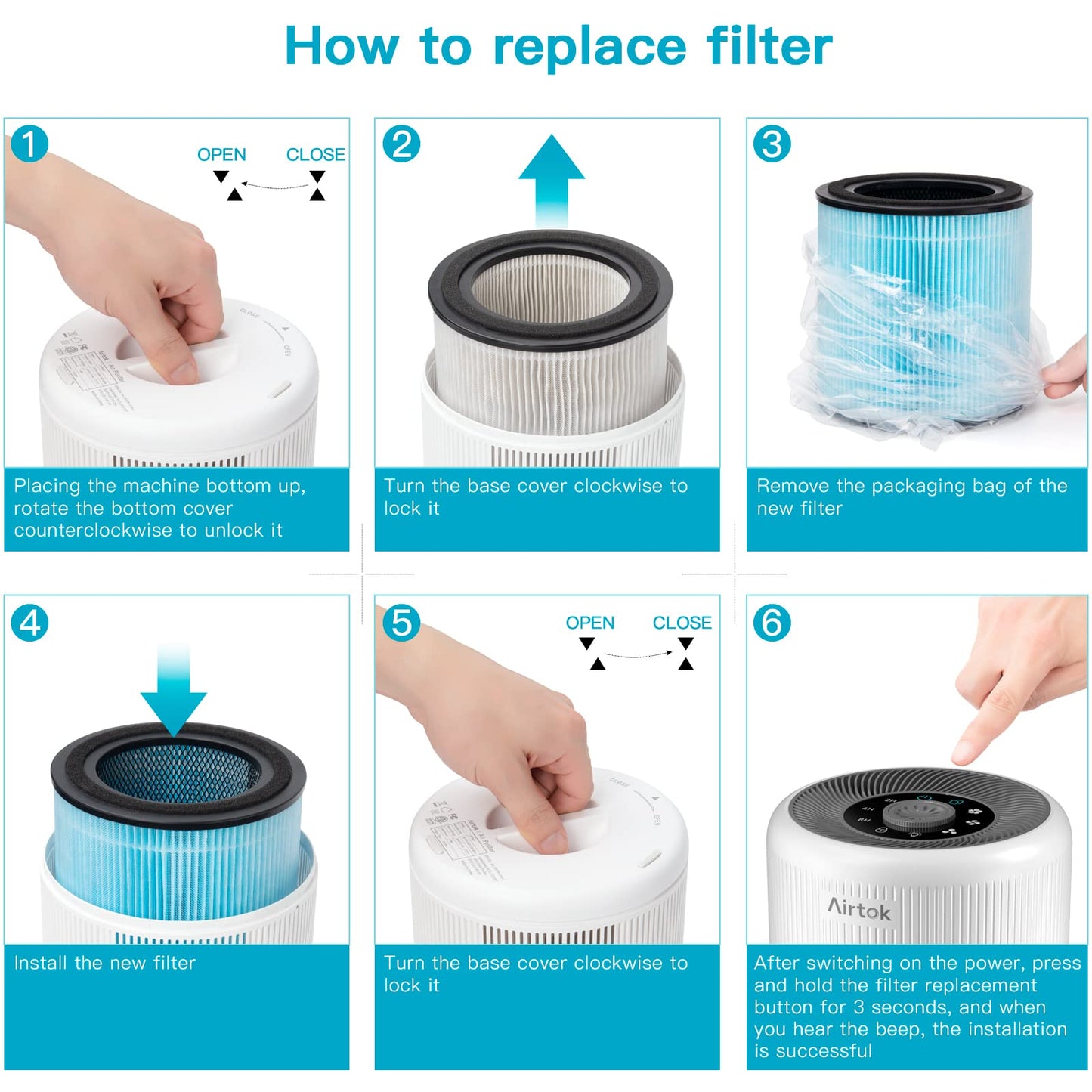 AIRTOK Air Purifier AP0601 Replacement Filters, 4-IN-1 High-efficiency HEPA Filter. (4 Pack）