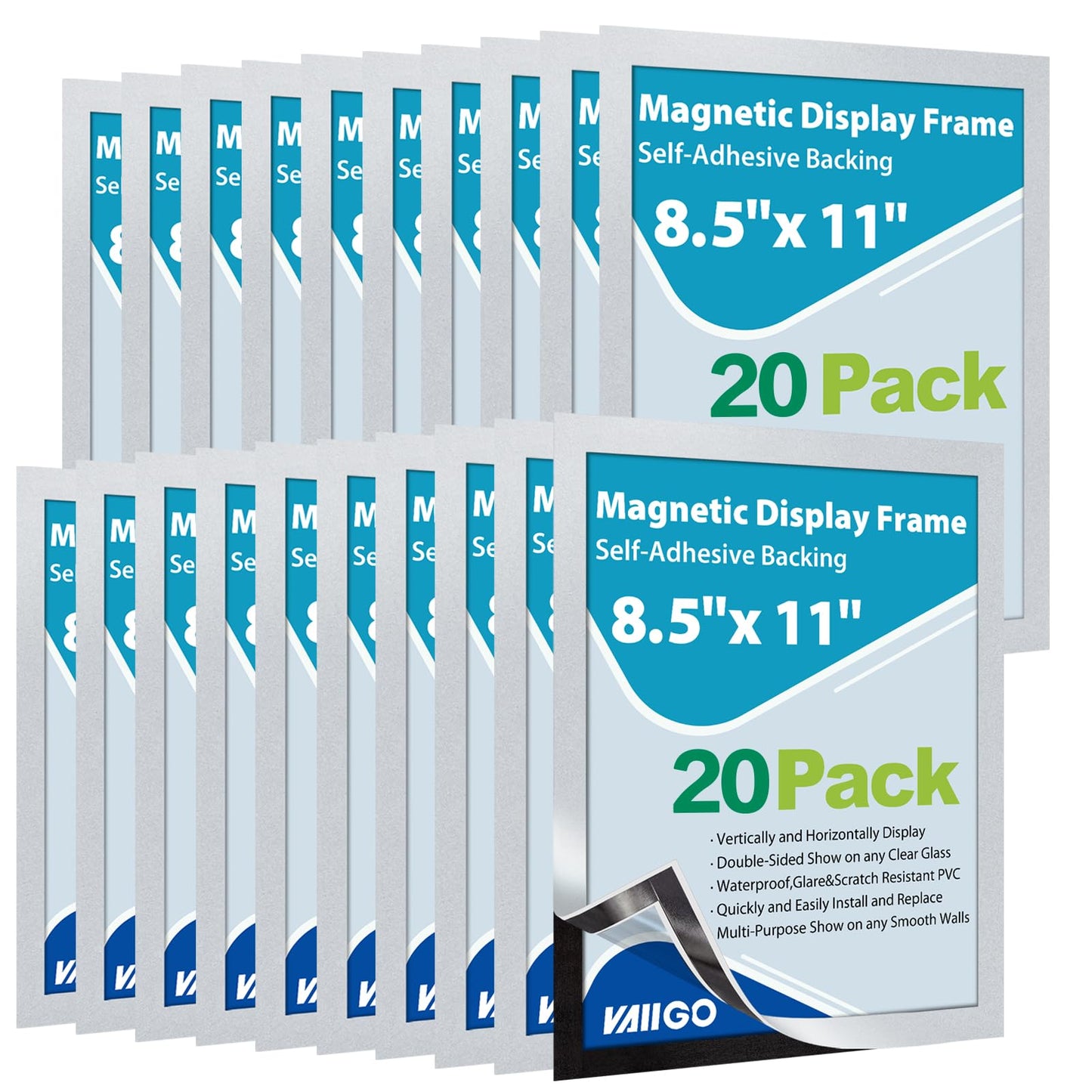 VAIIGO 20 Pack Magnetic Sign Holder 8.5 x 11, Self-Adhesive Magnetic Picture Frame & Document Holder for Wall, Door, Fridge, Glass - Double-Sided Magnetic Frame for Poster & Paper Display (Silver)