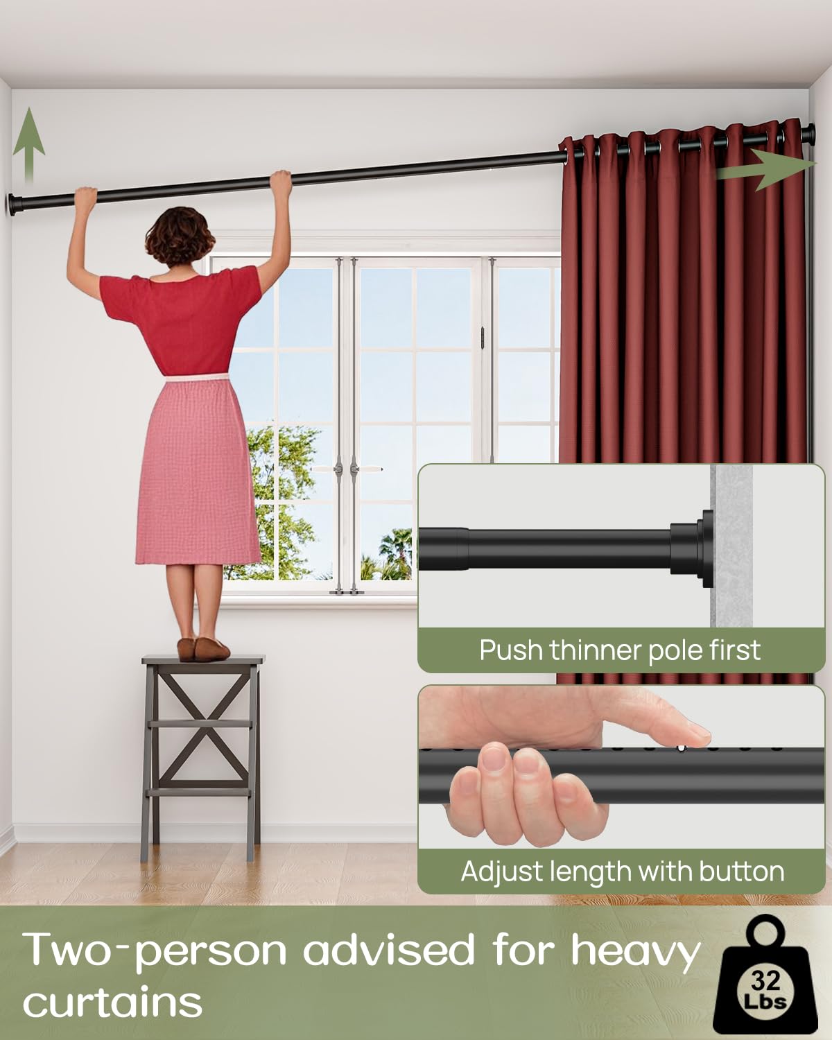 ALLZONE Tension Curtain Rod for Window, 83-123 Inches, Heavy Duty Curtain Rods No Drilling, Non-Slip Bathroom Shower Tension Rod, Renter Friendly, Adjustable, Spring Loaded, Extra Long, Black
