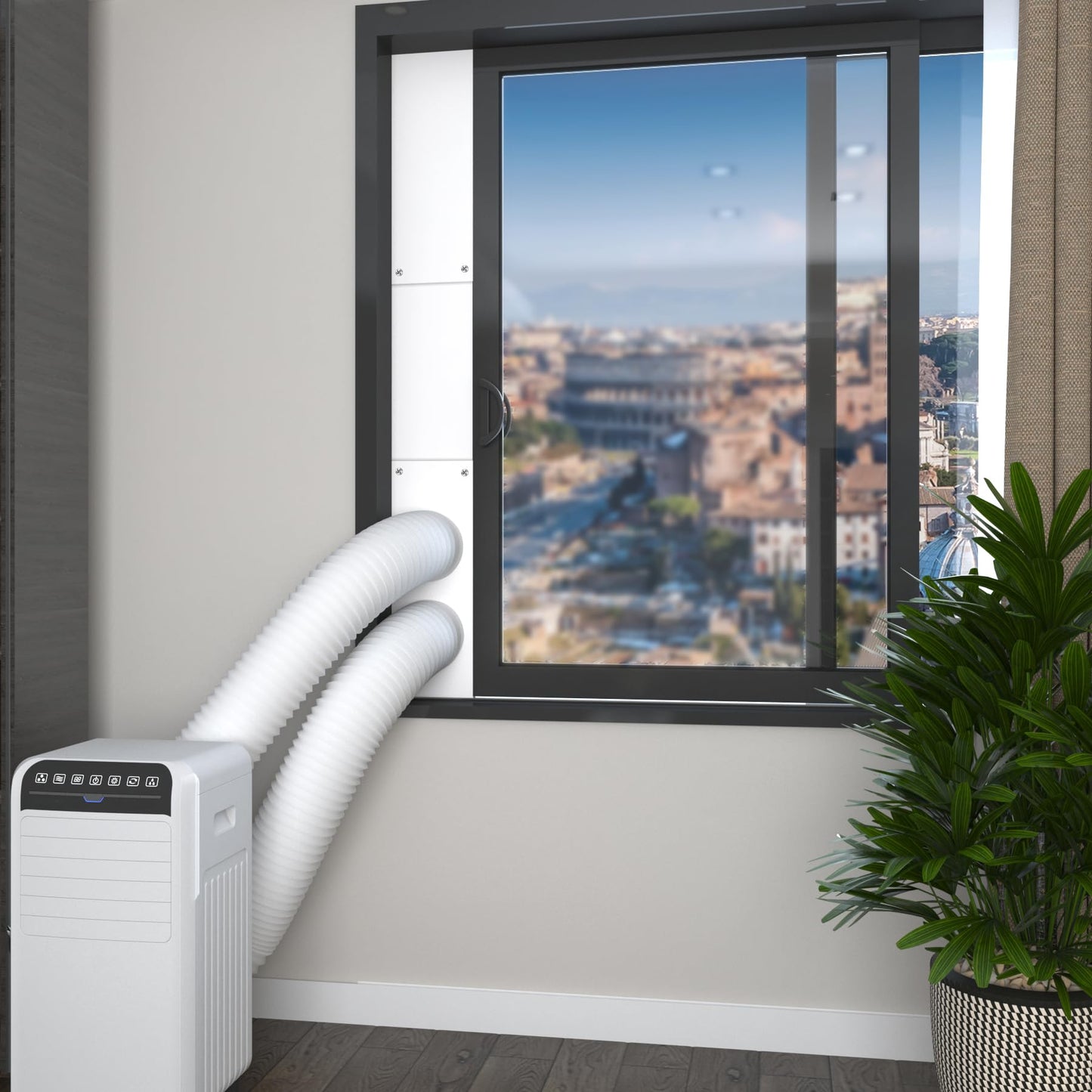 Flamorrow Dual Hose Portable Air Conditioner Window Kit, Adjustable Window Seal Plates for 5" Diameter Exhaust Hose, Sliding AC Window Vent Kit with Foam Seal Strip, White