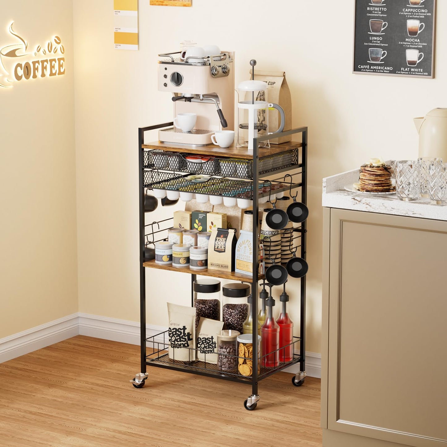 Homsorout Coffee Bar Station with Storage Drawer - 5 Tier Coffee Table Countertop Organizer for K Cups, Tea Bags, Sugar Storage and Kitchen Cabinets (Brown)