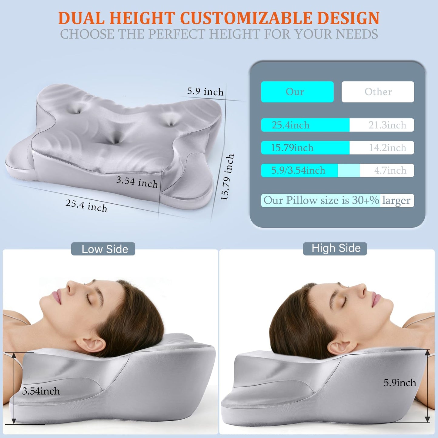 CCidea Dual Ear Relief Zone Contour Pillow, Ice Silk Satin Cervical Memory Foam Pillow for Sleeping, Ergonomic Neck Support for Side, Back & Stomach Sleepers