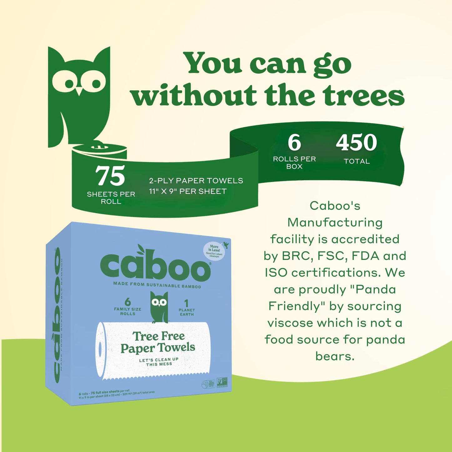 Caboo Tree Free Paper Towels, 6 Rolls, Plastic Free & Eco Friendly, Earth Friendly, Sustainable Kitchen Paper Towels with Strong 2 Ply Sheets