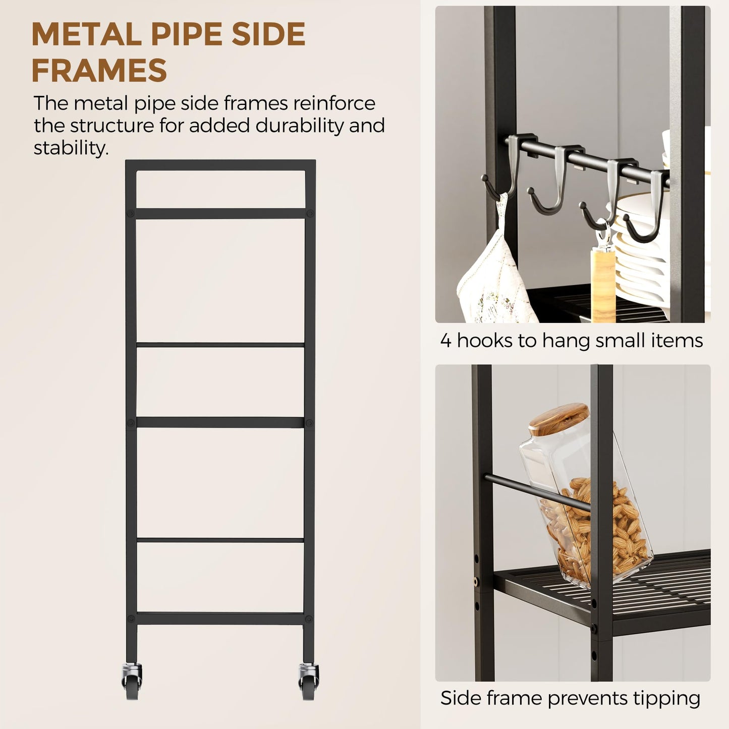 XIVIRACK 3-Tier Metal Storage Rack with Industrial Wheels,Mesh Shelving Unit with Wooden Table top,Adjustable Shelf,31.5-Inch Width, for Kitchen, Laundry,Pantry,Plant,Black