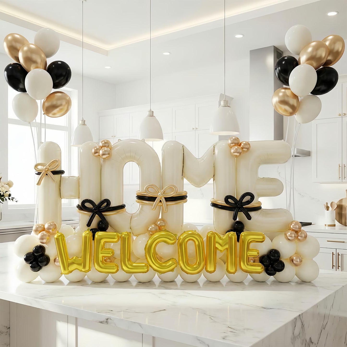 145Pcs Housewarming Party Decorations, 40Inch Beige Welcome Home Balloon Banner, Cream Ivory Black Gold Balloons for New Home Closing Sweet House Warming Homecoming Party Real Estate