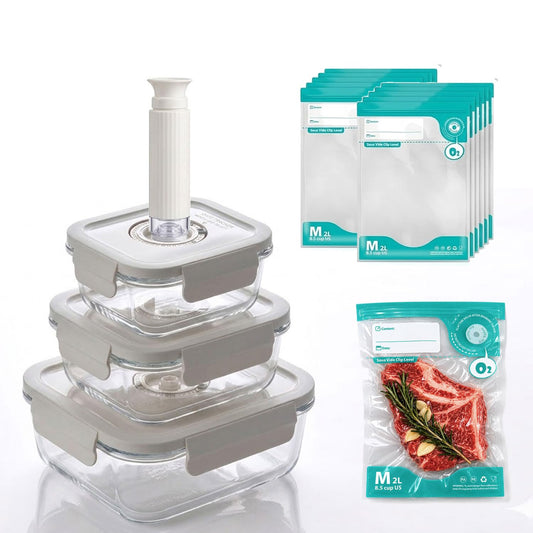 3-Piece Square Glass Vacuum Food Storage Containers Set with Hand Pump & 10 Sealer Bags, Borosilicate Airtight Meal Prep Lids with Date Tracker, Leakproof, Freezer & Microwave Safe [18/27/42 Oz]
