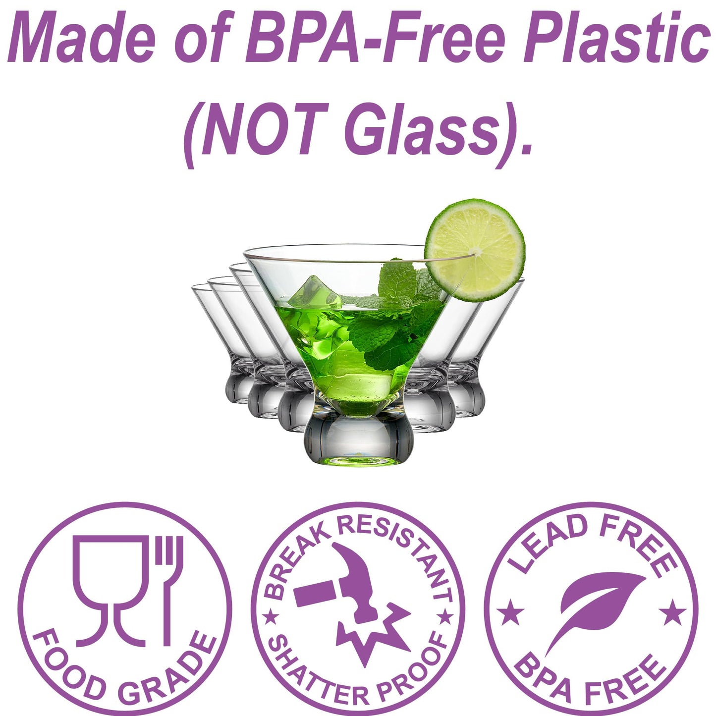 Amazing Abby - Olivia - 10-Ounce Plastic Stemless Martini Glasses (Set of 6), Reusable Cocktail Glasses, BPA-Free, Shatter-Proof, Dishwasher-Safe, Perfect for Poolside, Outdoors, Camping, and More