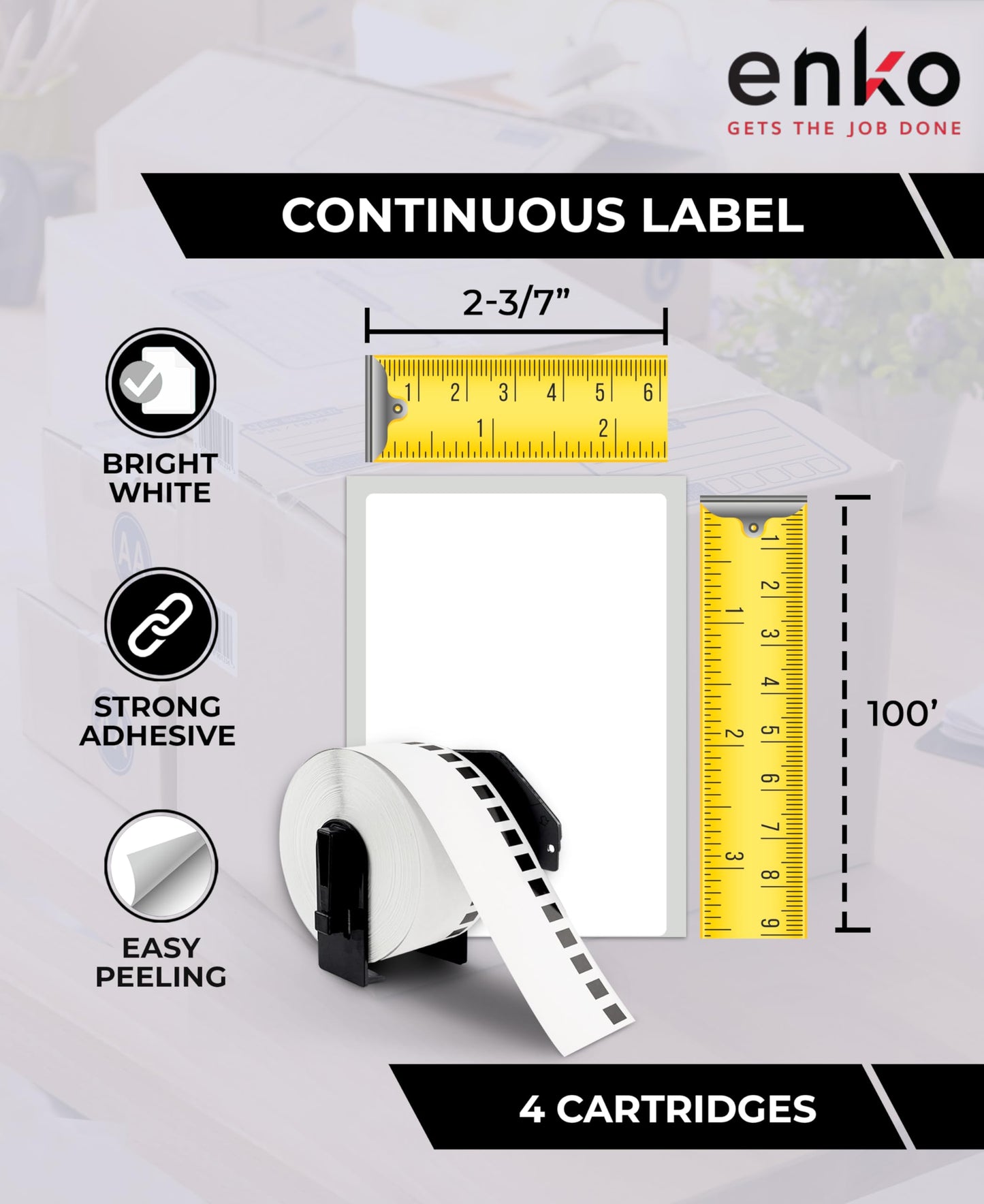 enKo - Compatible DK-2205 Continuous Blank White Paper Labels (2.4 Inch x 100 Feet) Use with Brother QL Label Printers QL-800, QL-820NWB QL 810W - [12 Rolls + 4 Refillable Cartridge Frames]