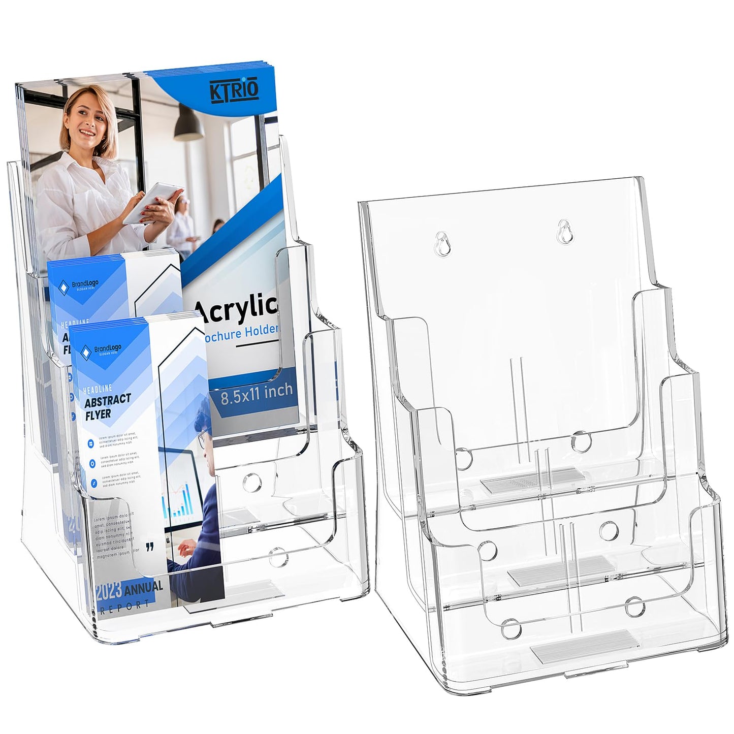 KTRIO Acrylic Brochure Holder 8.5 x 11, 3 Tier Literature & Pamphlet Organizer with Removable Divider for 4 Inch Flyers, Clear Display Stand for Desk & Wall Mount, 2 Pack