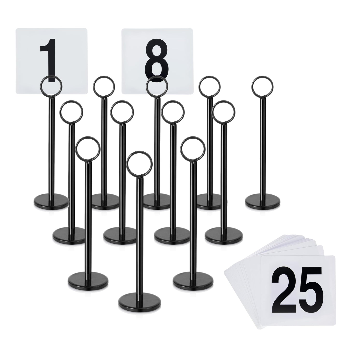New Star Foodservice Ring Clip Table Number Card Holders with Number Cards 1 to 25, Set of 12, 8-Inch, Black Stand, Stainless Steel