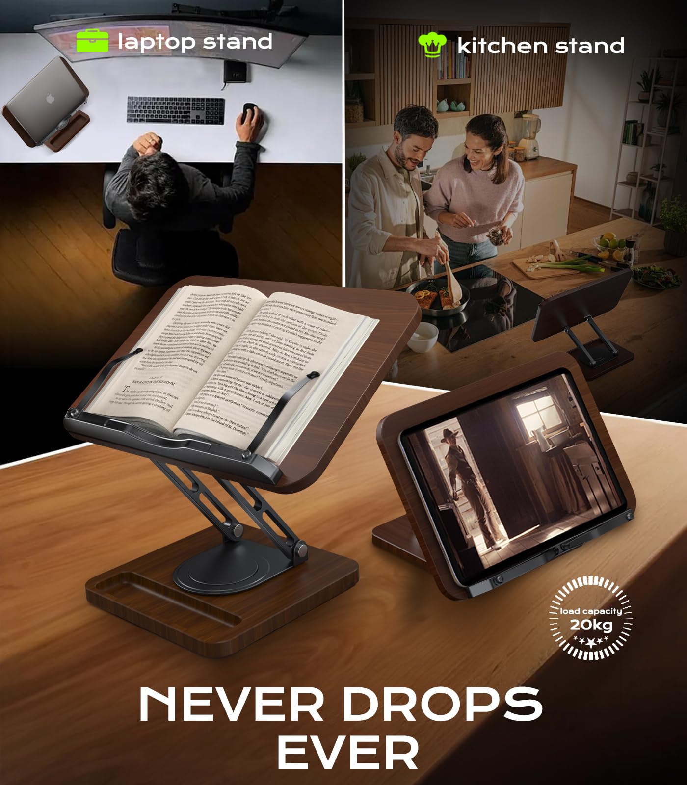 Book Stand for Reading, Adjustable Book Holder, 360° Rotating Bases with Pen Slot, Ergonomic Cookbook Stand Recipe Book Holder with Elastic Page Clips for Magazines, Tablets, Laptops