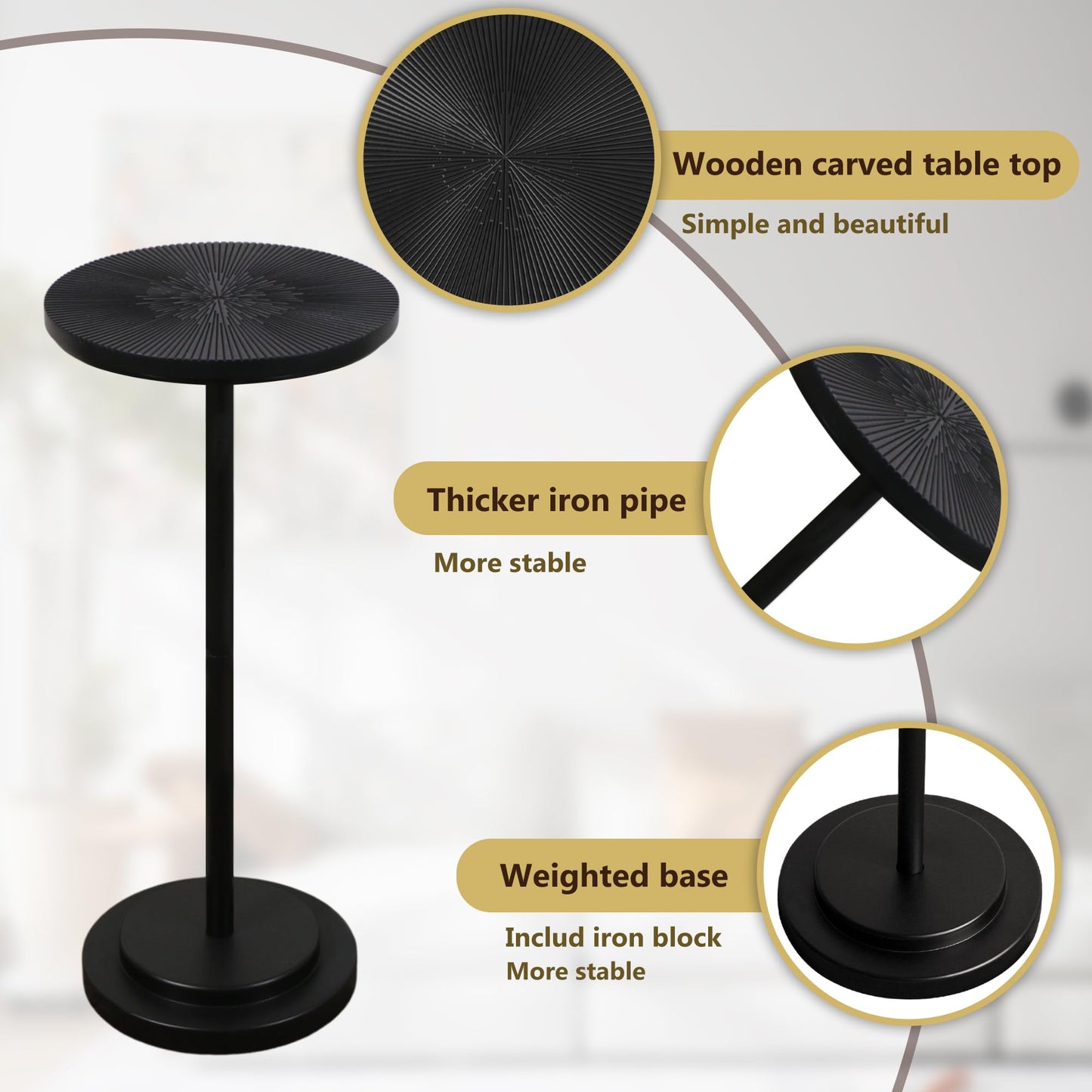 COVLON Drink Table, Carved Table Top Martini Table, Small Side Table, Weighted Base Pedestal Table for Living Room, Bedroom, Small Space, Modern, Black