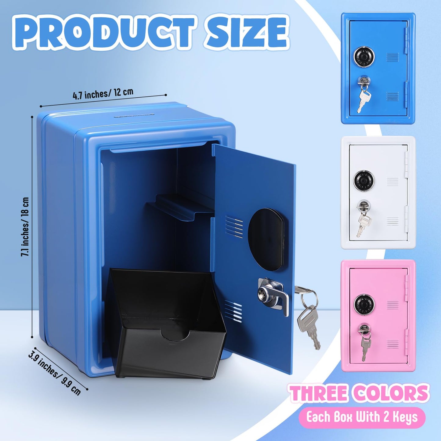 Zonon 3 Pcs Mini Safe Piggy Bank for Kids, Metal Locker Toy Safe Box for Boys Girls Money Cash Coin, Steel Money Saving Box with Lock 2 Keys Coin Tray 7. 1"x 4. 7"x 3. 9"(Blue, Pink, Ivory White)