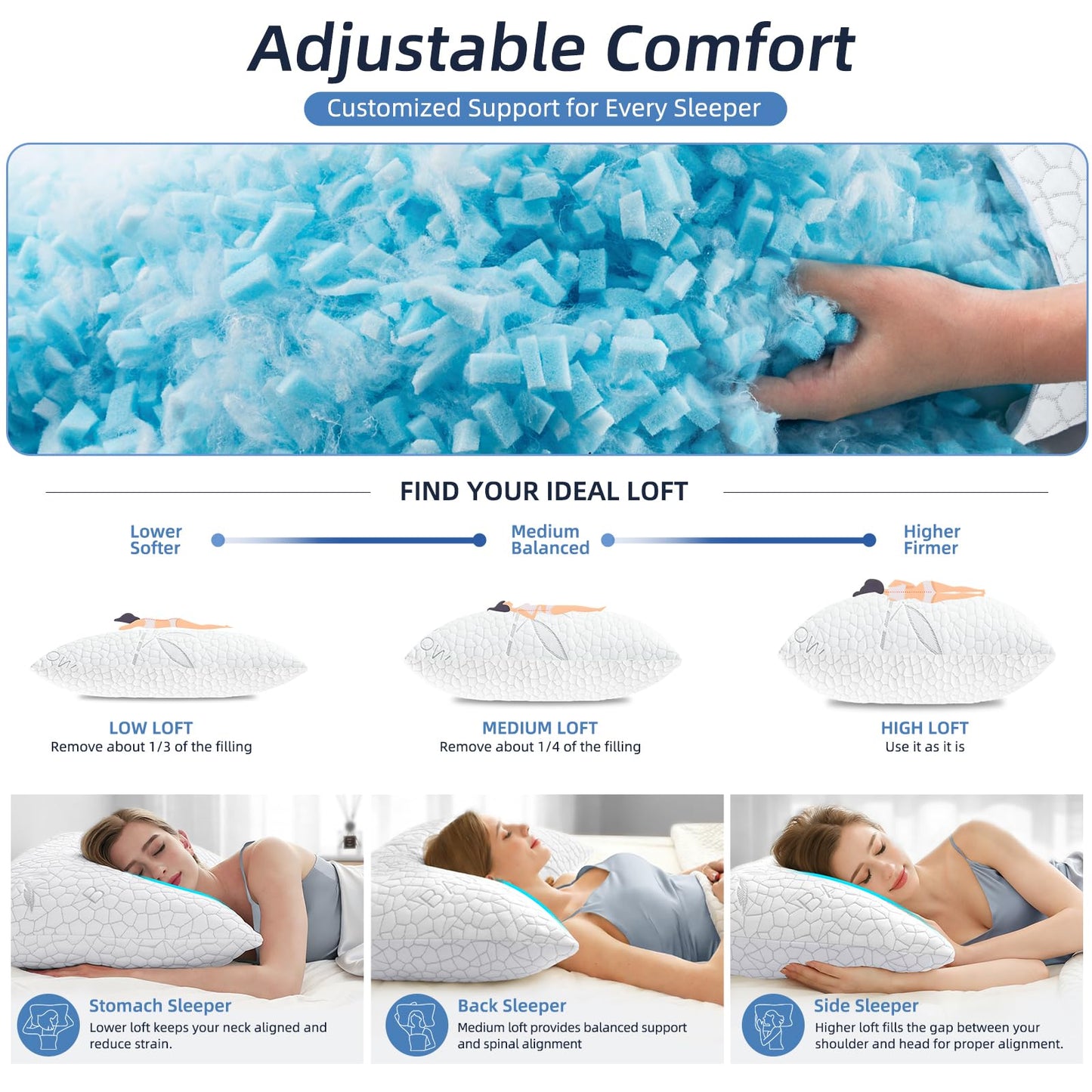 Yettbea Adjustable Shredded Memory Foam Pillows Queen Size Set of 2, Luxury Bamboo Cooling Pillow w/Washable Zippered Cover, Soft or Firm Support Bed Pillow for Side, Back, Stomach Sleeper