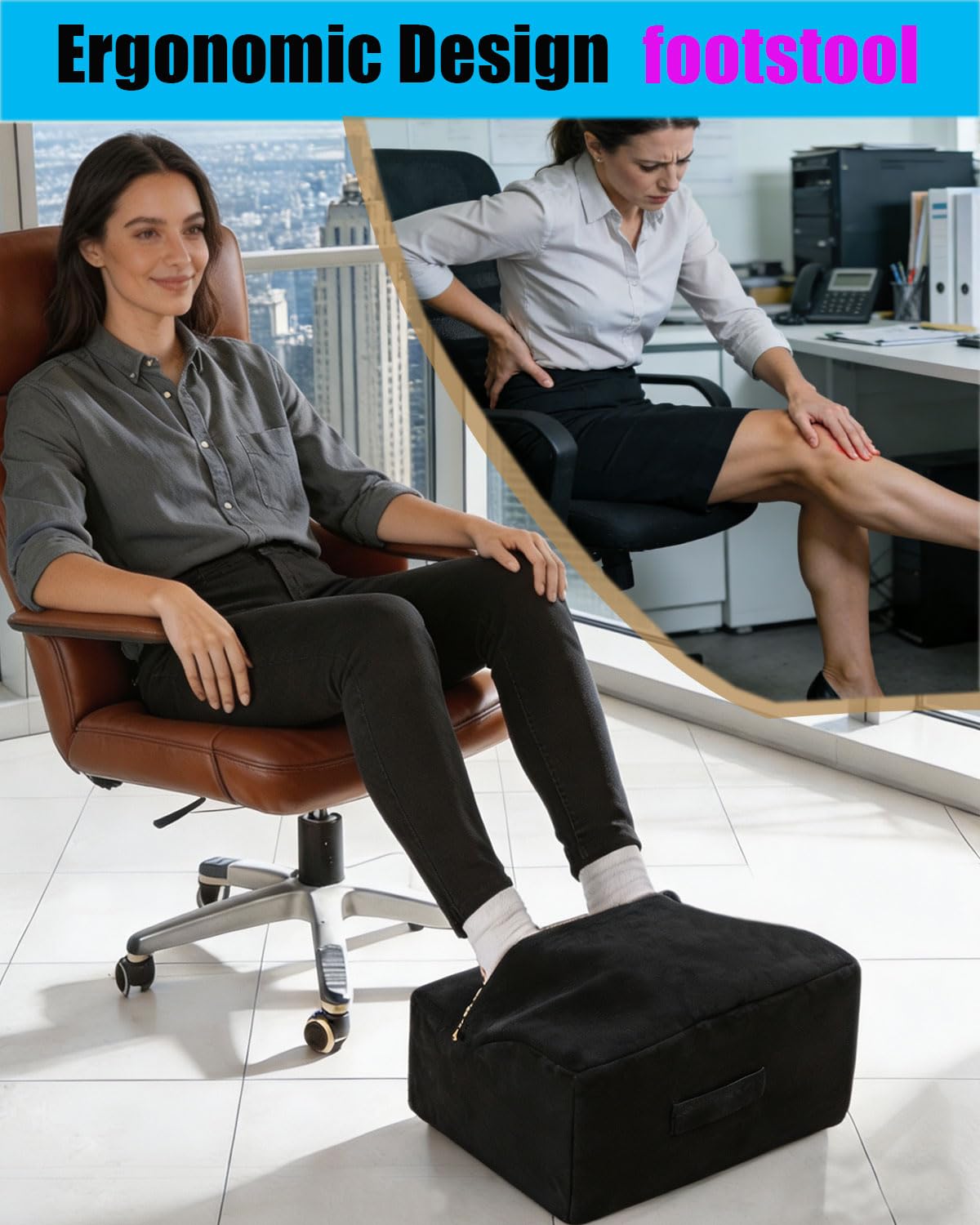 COMFelicify Foot Rest for Under Desk at Work, Office Footrest with Warm Feet Pocket,Ergonomic Under Desk Footrest with Washable Cover, Stool for Office Chair & Back &Pain Relief (Black+)
