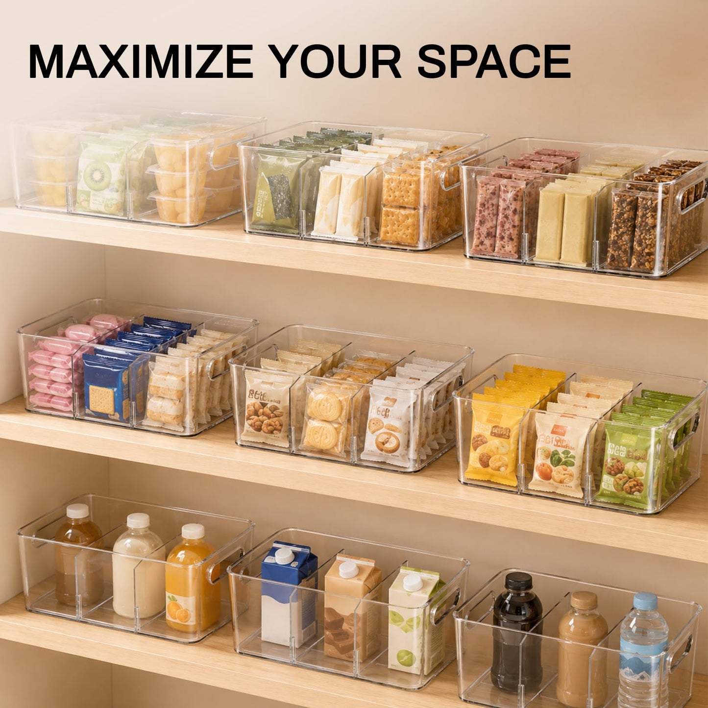 Mpotmiy 10 Pack Pantry Organizers and Storage,Clear Plastic Containers with 2 Dividers for Kitchen,Fridge Organization and Storage,Acrylic Bins for Pounches,Spice Packet,Snack organzier
