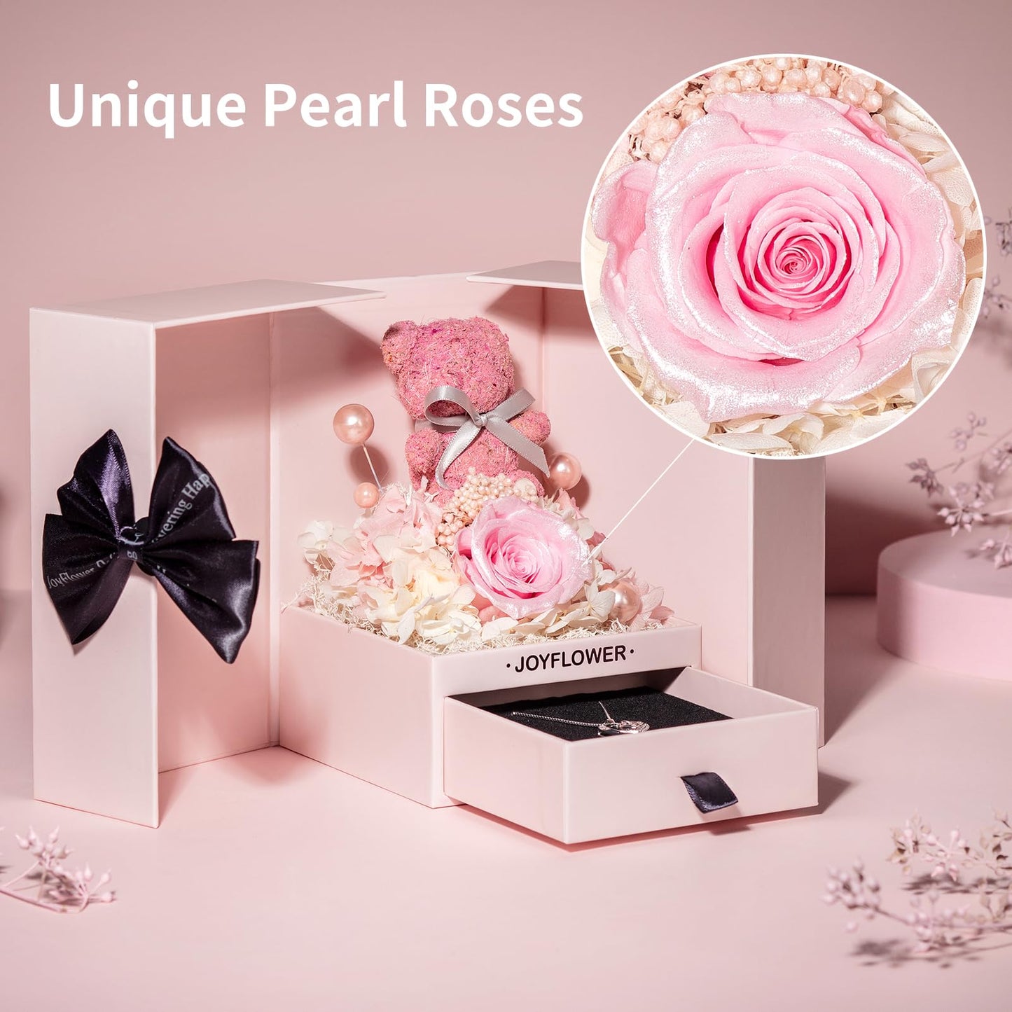 JoyFlower Preserved Flowers with Necklace Gifts for Mom, Unique Pearl Rose Mother Day Birthday Gifts for Mom Grandma, Eternal Flower Bear with Necklace Gift for Mother Grandma Mama from Kids