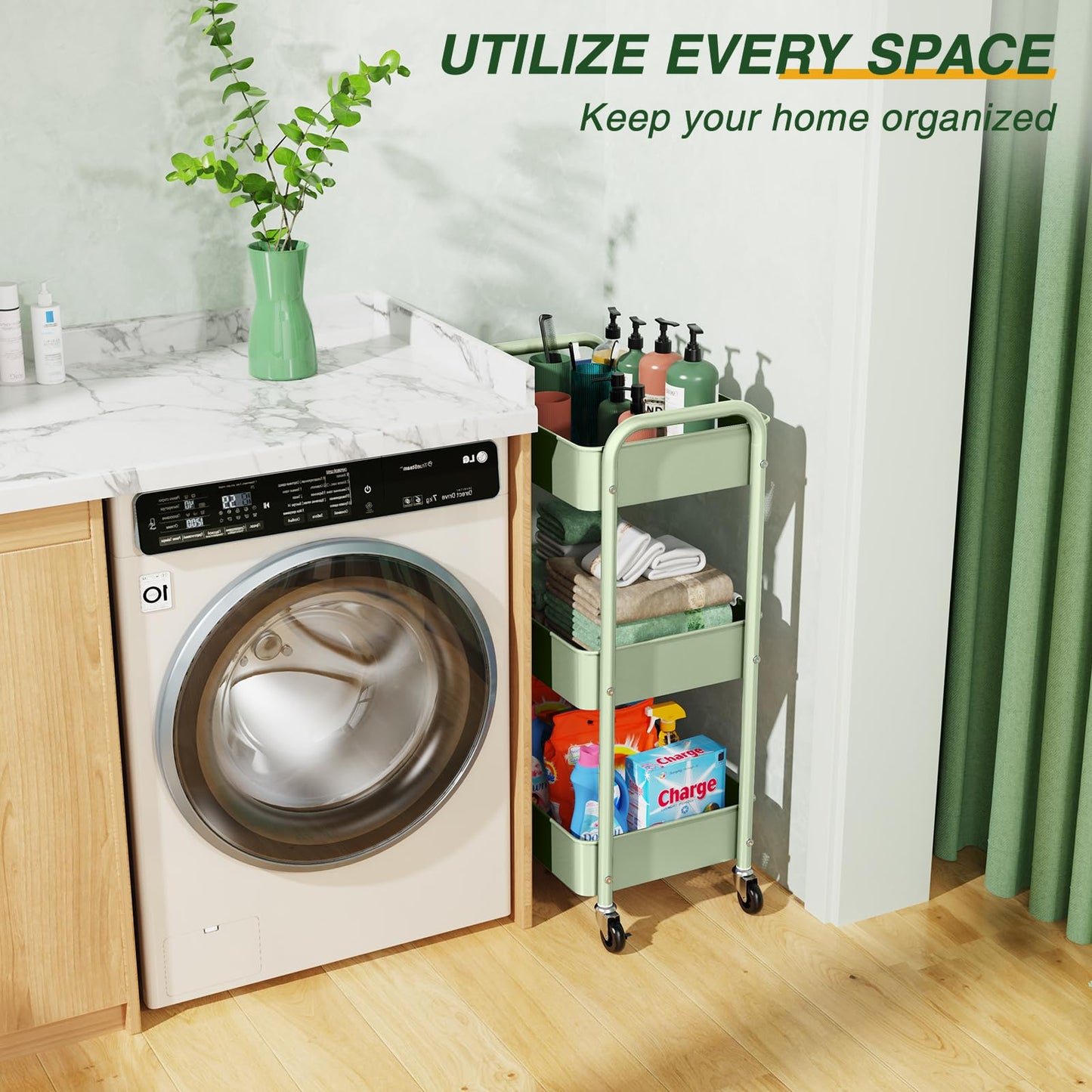 LEHOM 3 Tier Rolling Storage Cart, Metal Trolley Utility Cart with Wheels & Hooks, Easy Assembly Organizer Storage Cart for Bathroom Kitchen Office Bedroom