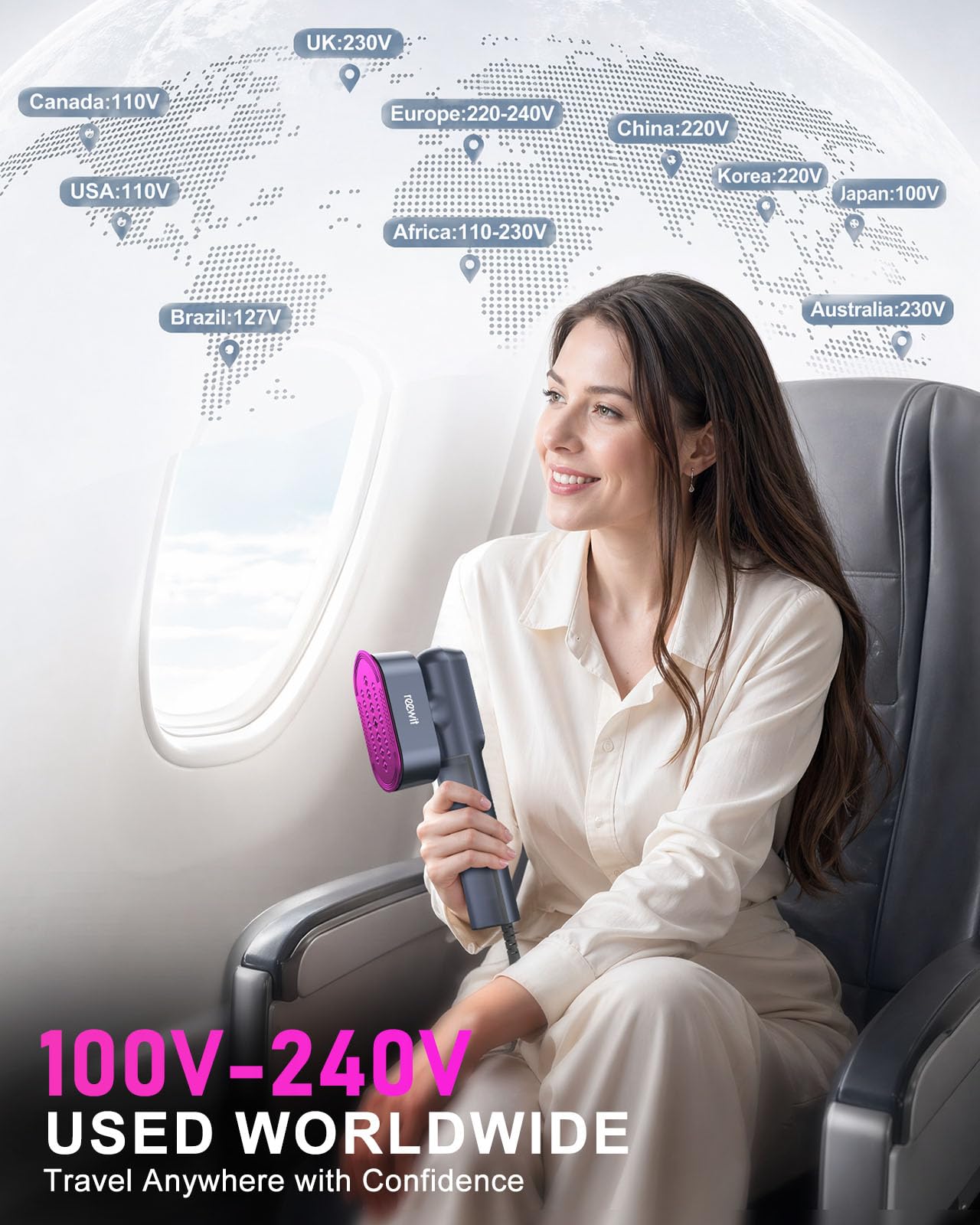 Travel Steamer for Clothes,100-240V Travel Steamer & Iron 2 in 1 with Fast Heat-Up,1200W Portable Handheld Garment Steamer,Travel Size,Large Heat Panel,Fabric Quick Wrinkle Remover for Global & Europe