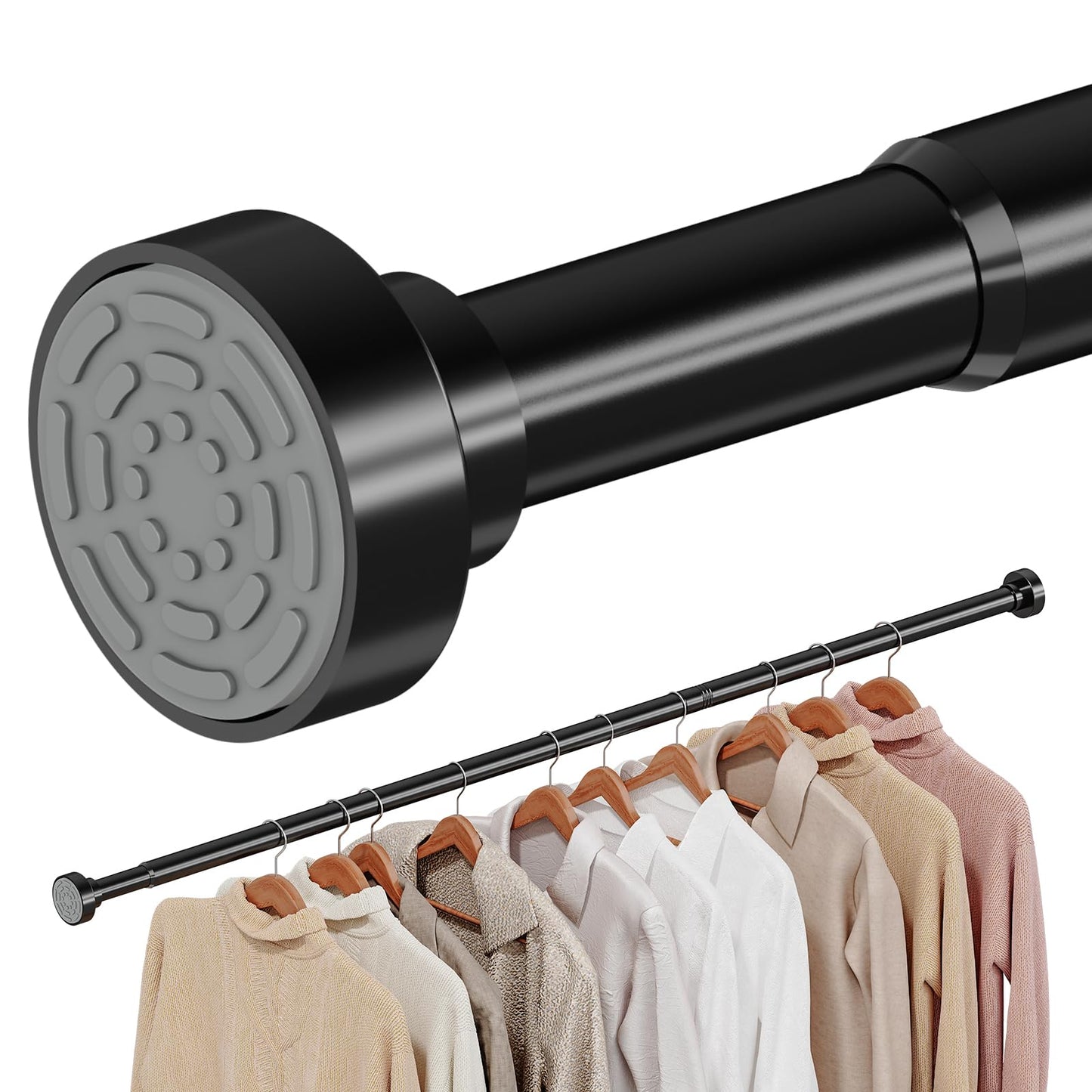 Supforce No Drilling Closet Rods for Hanging Clothes, Non Slip Tension Rod with Heavy Duty Clothes Hanging Rod, 17-69 Inches Adjustable Spring Closet Rod for Closet Wardrobe Bathroom Laundry RV, Black
