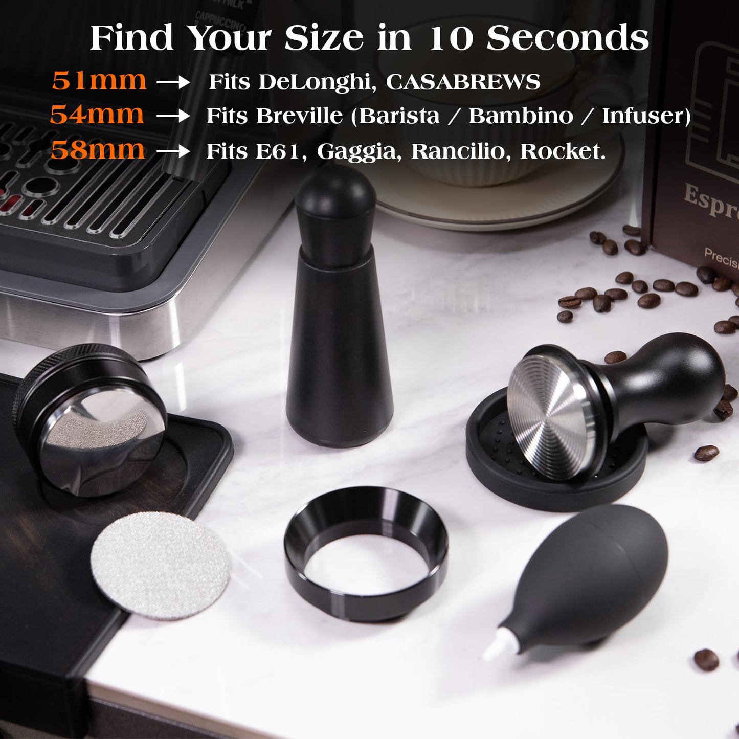 troletoi 7 PCS 58mm Espresso Accessories Kit: Espresso Tamper, Coffee Distributor, Puck Screen, Dosing Funnel and WDT Tool Espresso Machine Accessories, Professional Espresso Tools