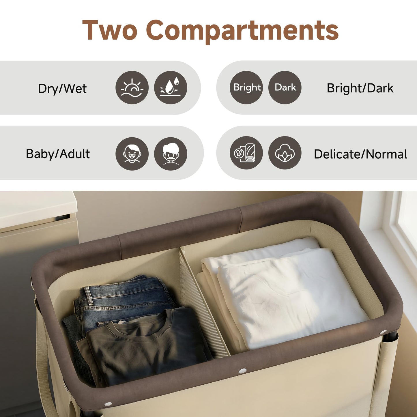 StorageWorks Laundry Hamper 2 Section, 100L Rolling Laundry Sorter Cart with Removable and Washable Liner Bag, Clothes Hamper with Wheels and Handle for Laundry Room and Bedroom, Light Khaki