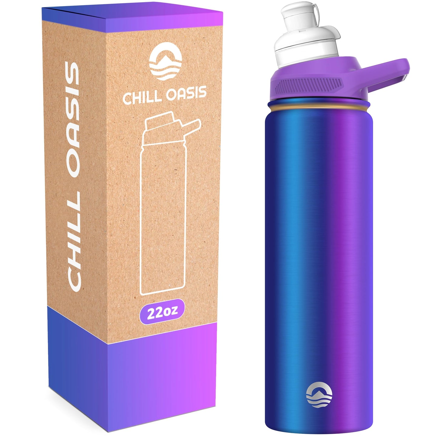Chill Oasis Water Bottle | Compatible With Popular Flavor Cartridges | BPA Free, Leak Proof, Double-Walled Vacuum Insulated Stainless Steel, and Dishwasher Safe | Cold for 24 Hours (Aura, 22oz)