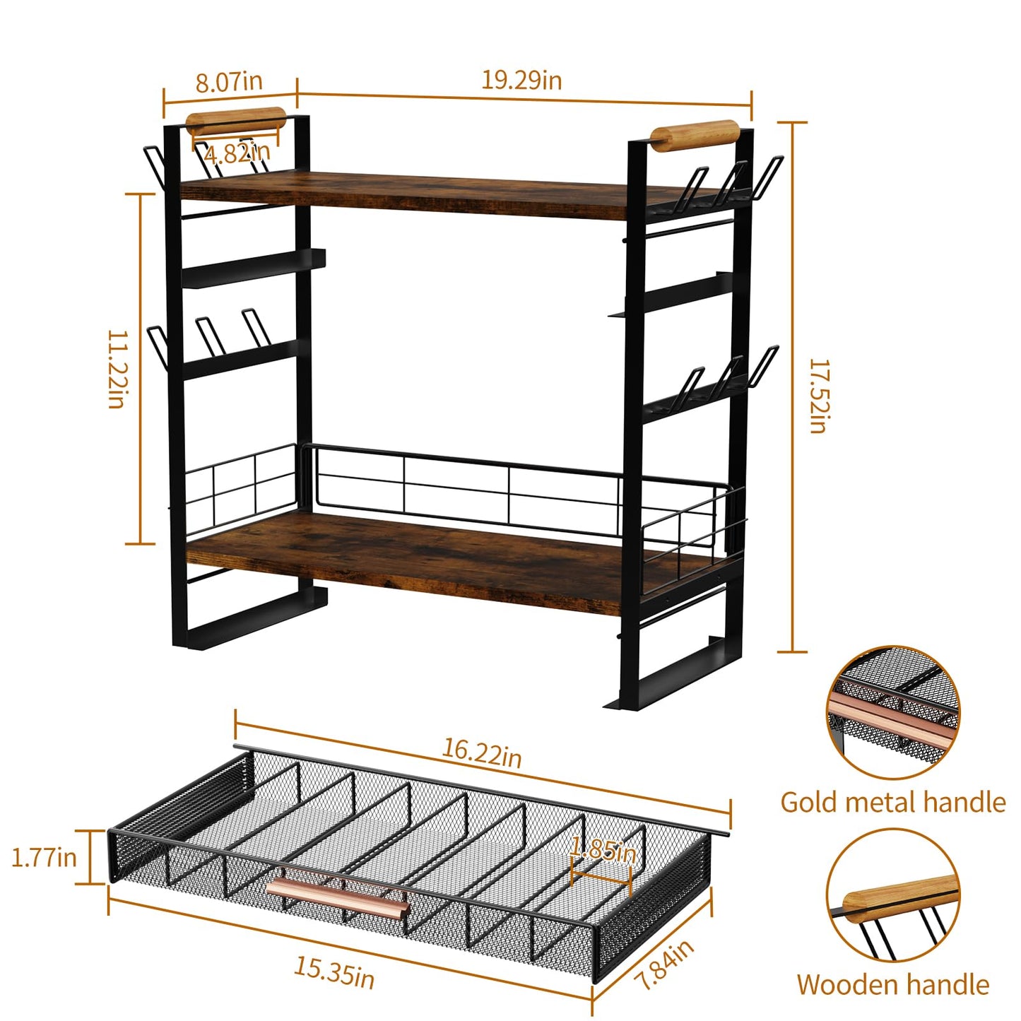 Coffee Bar Station Organizer for Countertop - 32 Pod for K Cup Holder with Drawer and 12 Mug Holder, 3 Tier Coffee Bar Accessories (Black, 3-Tier with 1 drawer)