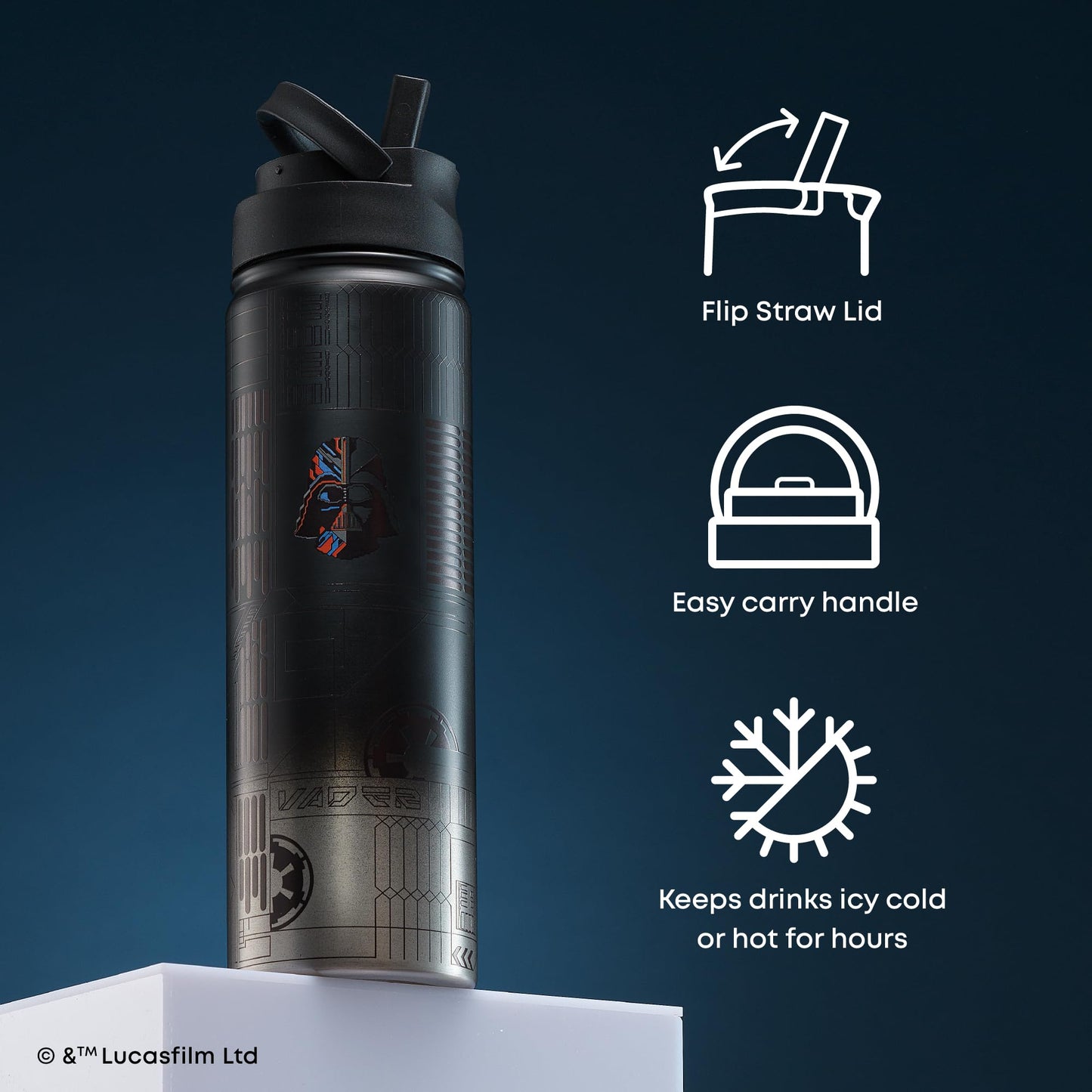 JoyJolt Star Wars Linear Darth Vader Stainless Steel Water Bottle with Flip Straw Lid, 22 oz Vacuum Insulated Water Bottle, BPA-Free Tumbler for Sports and Travel, Star Wars Gifts