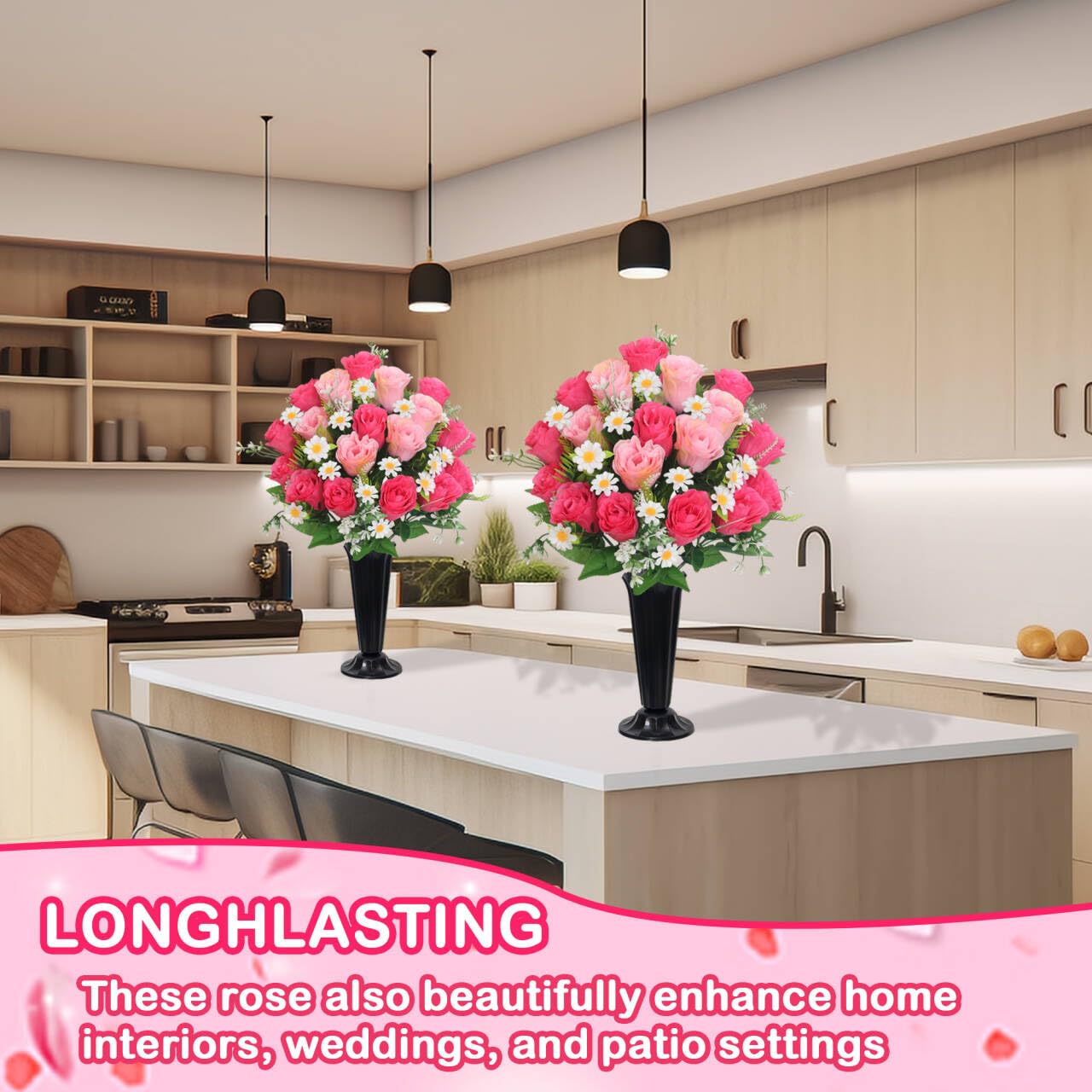 Wocst Artificial Cemetery Flowers for Grave Memorial Day Flowers for Cemetery,2Pack Artificial Silk Roses Daisy Bouquets with Cemetery Vases for Outdoor Grave Decorations ﻿ (Pink)