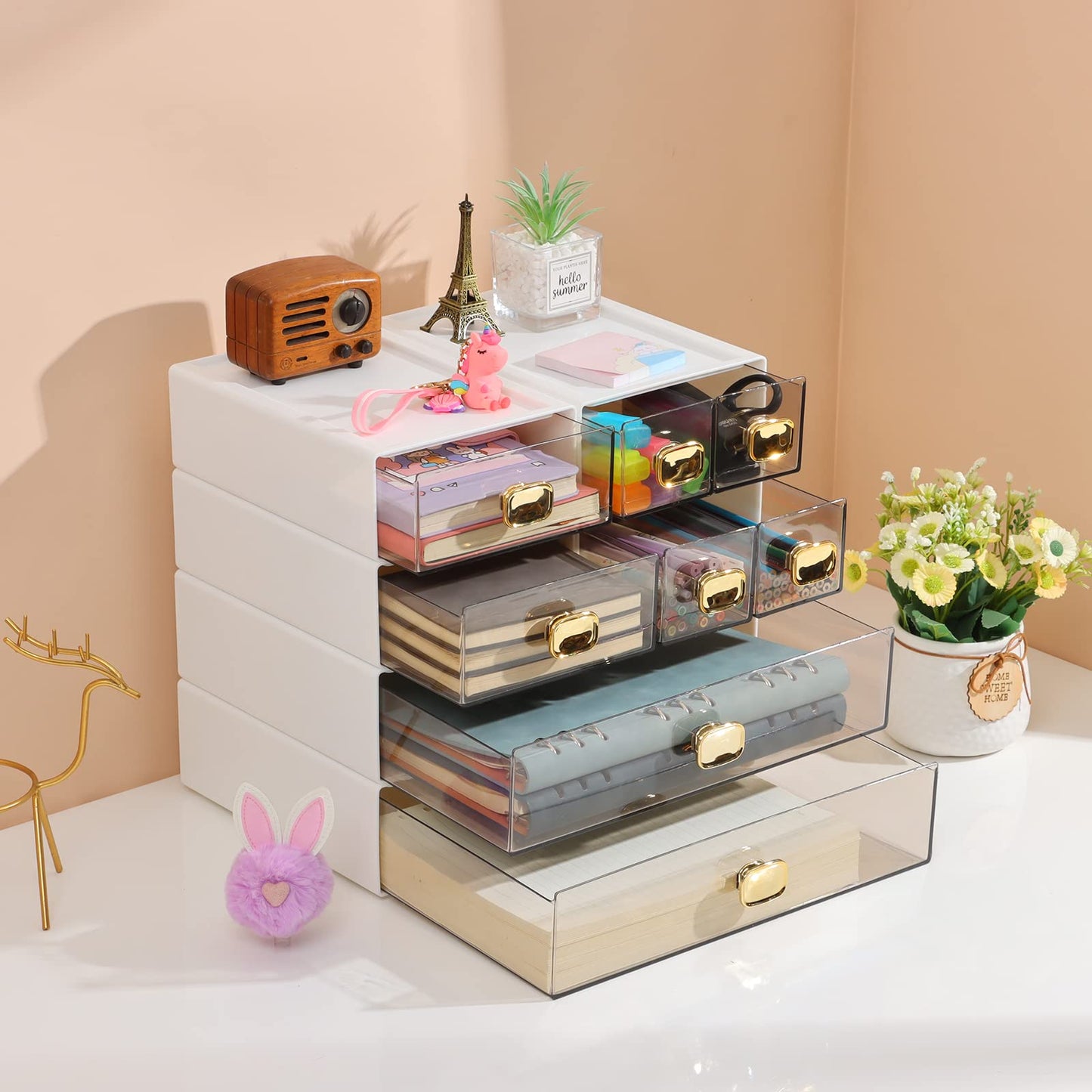 OSteed Spacious Desktop Storage Box, 1 Large 1 Middle & 2 Small Storage Drawers, Stackable Office Desk Drawer Organizer and Accessories, Printer Paper Organizer, White Plastic Drawers for Workspace