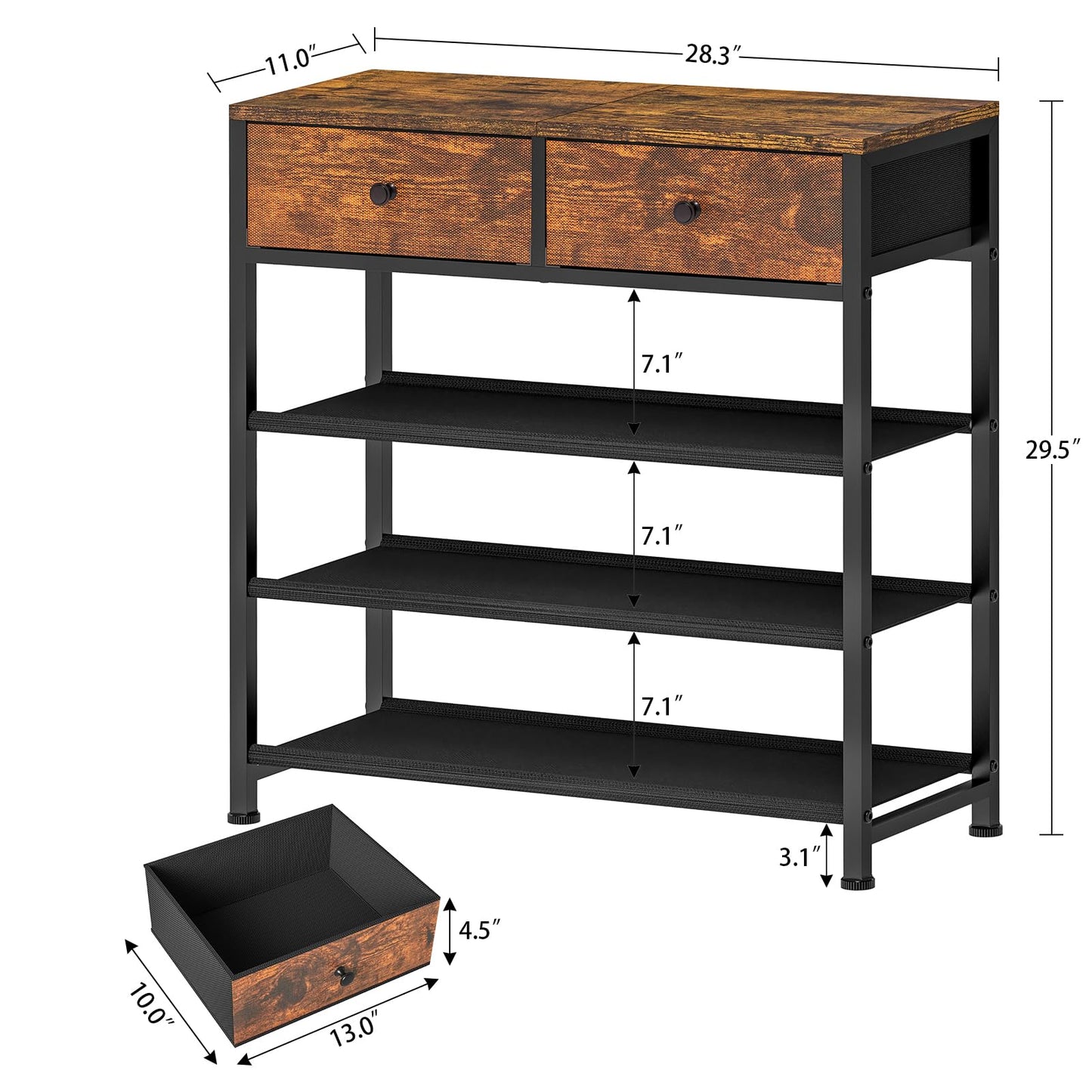 usikey Shoe Rack, 4 Tier Shoe Storage Organizer with 2 Drawers, Metal Shoe Shelf for 9-12 Pairs of Shoes, with 3 Oxford Fabric Shelves and Wooden Top, Shoe Stand for Entryway, Rustic Brown UNYXJX012F