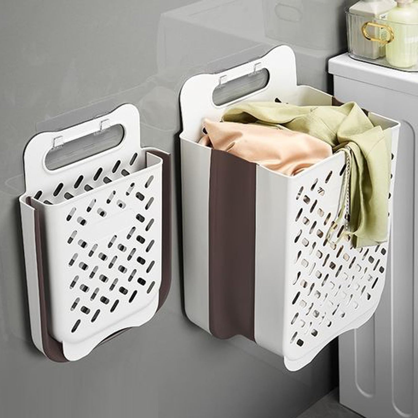 Pansyling Plastic Collapsible Hanging Laundry Baskets with Carry Handle, Space-Saving Wall Hanging Laundry Basket Durable Tall Folding Plastic Laundry Hamper Waterproof Dirty Clothes Organizer XL+L