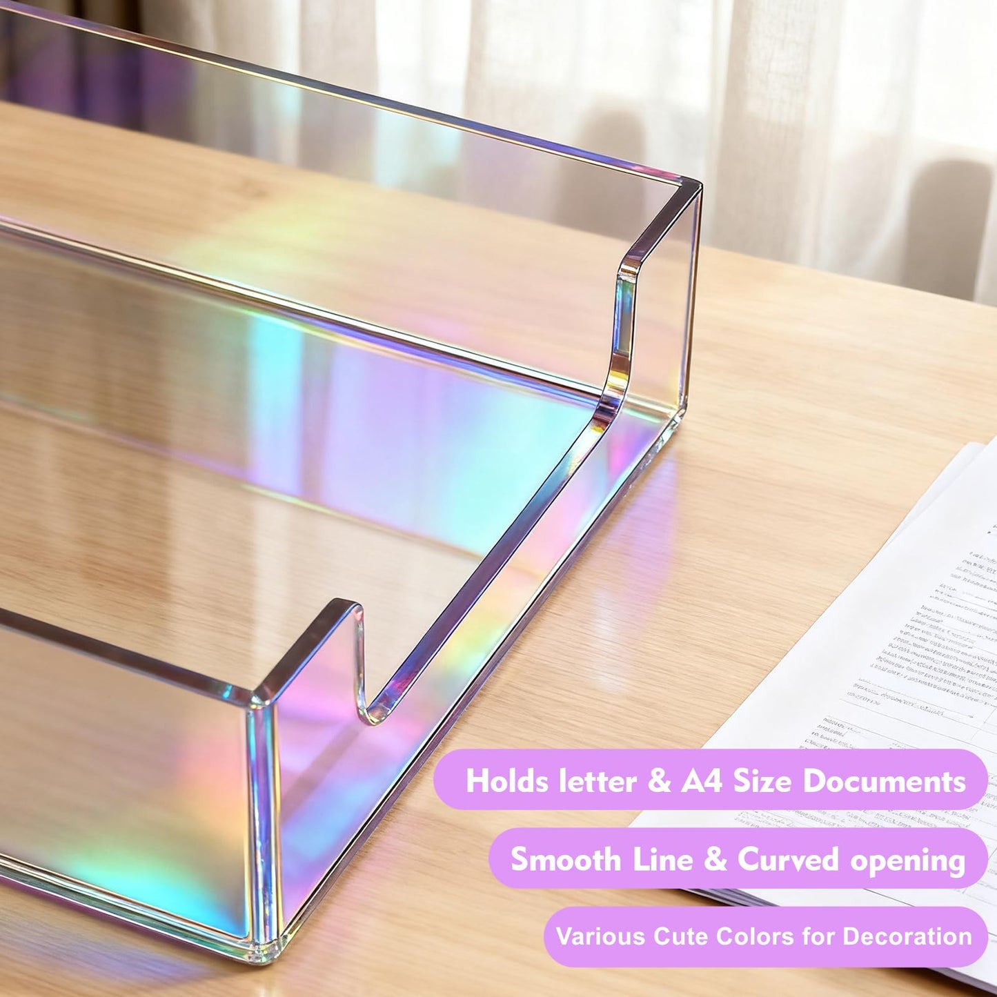 Paper Tray Acrylic File Organizer for Desk Letter Tray Desk Organizer Document Holder Sorter Storage for A4 Office Supplies Magazines, 13.8x10.6x2.4 Inches, Iridescent