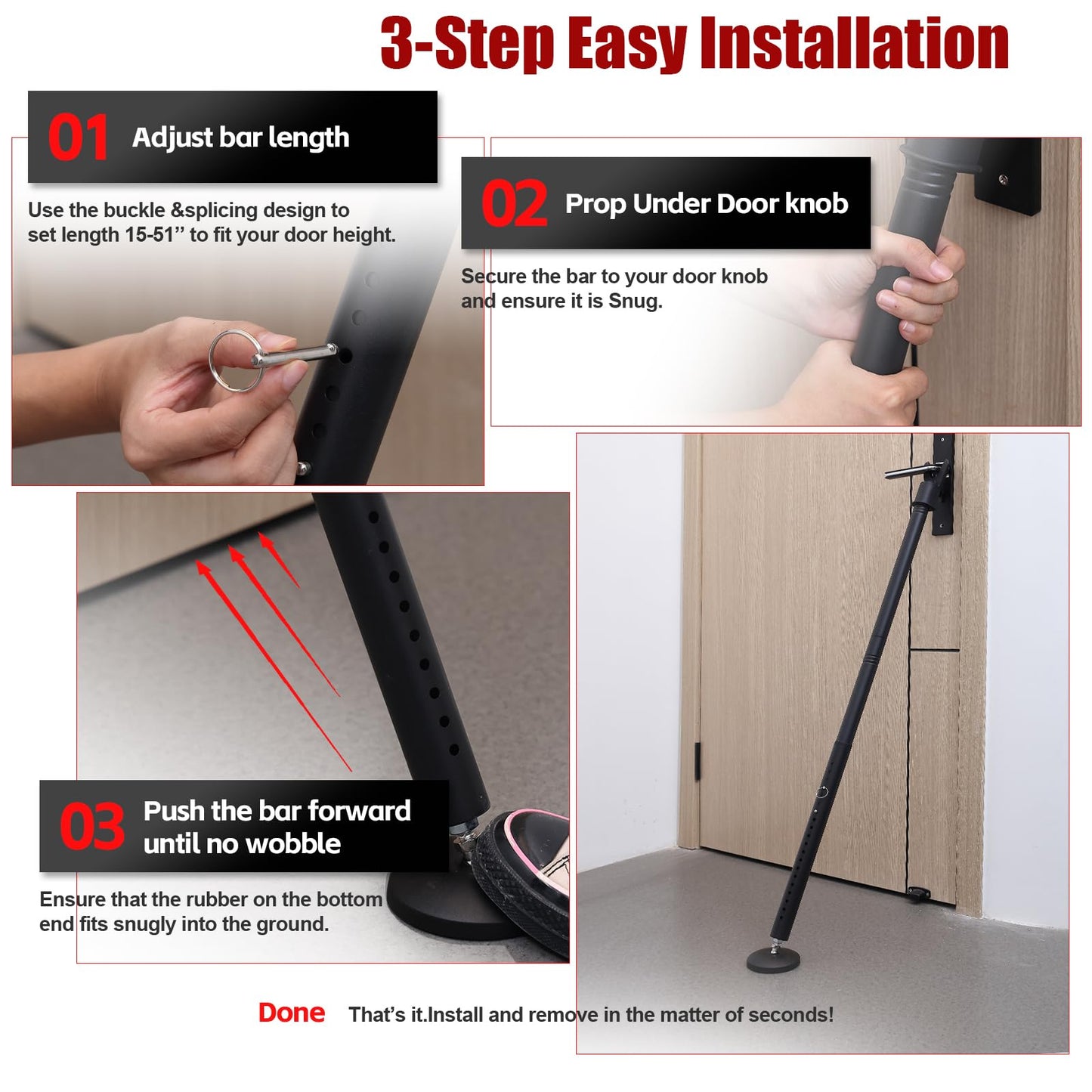 2 Pack Door Security Bar – Anti-Slip 600LB Heavy Duty Door Stopper Jammer Stick, Adjustable 24.5-50.7'',Portable Travel Safety Lock Blocker for Home, Apartment, Hotel, Front & Sliding Doors