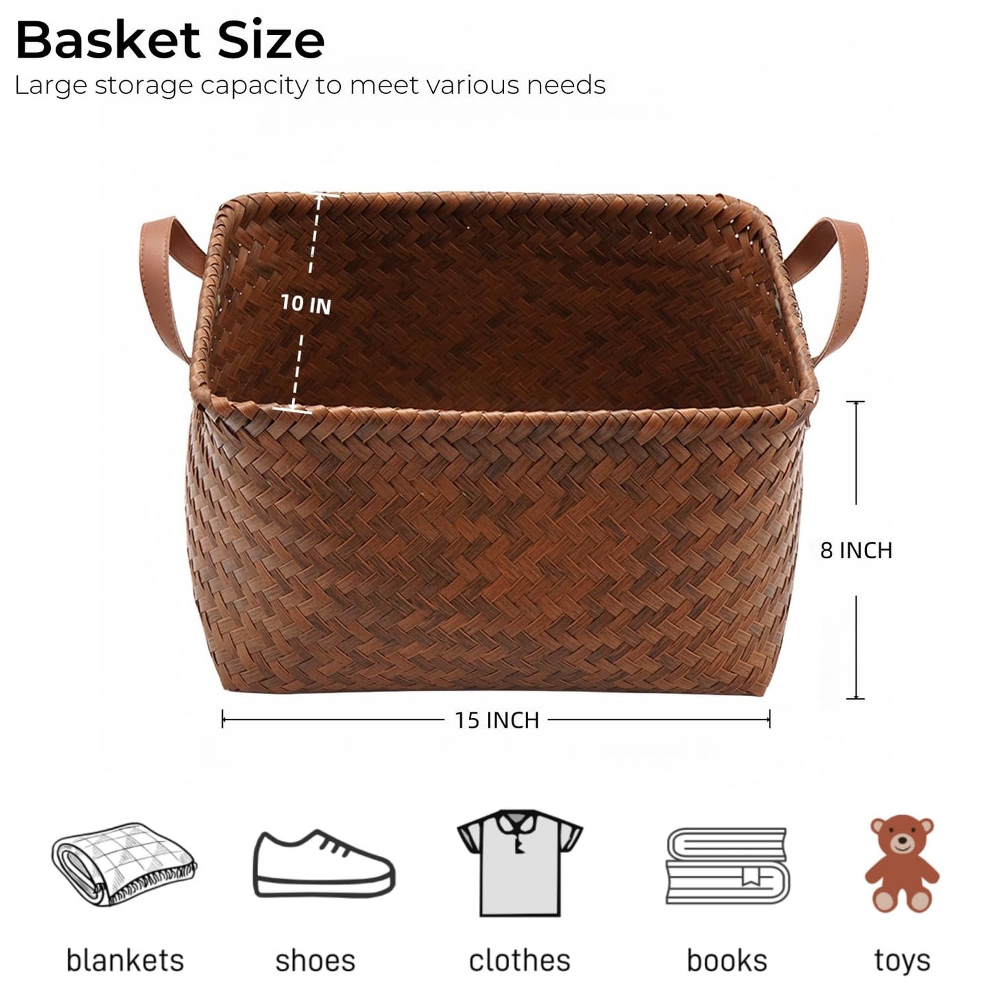 GIB Large Wicker Storage Baskets for Shelves, Woven Baskets for Organizing Blanket Clothes, Laundry Closet Storage Bins Organizer with Handles, Brown, 4 Pack