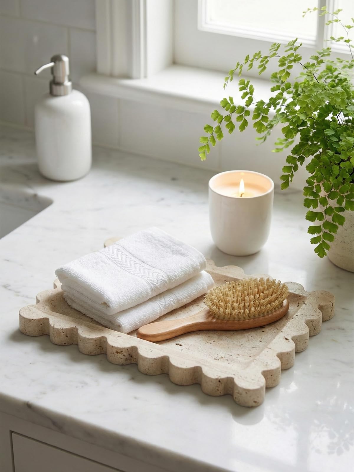 Denique Natural Travertine Tray with Scalloped Edge, 10.8x8 Rectangle Vanity Tray for Bathroom Kitchen Countertop, Beige Decorative Stone Storage Tray for Dresser Home Decor